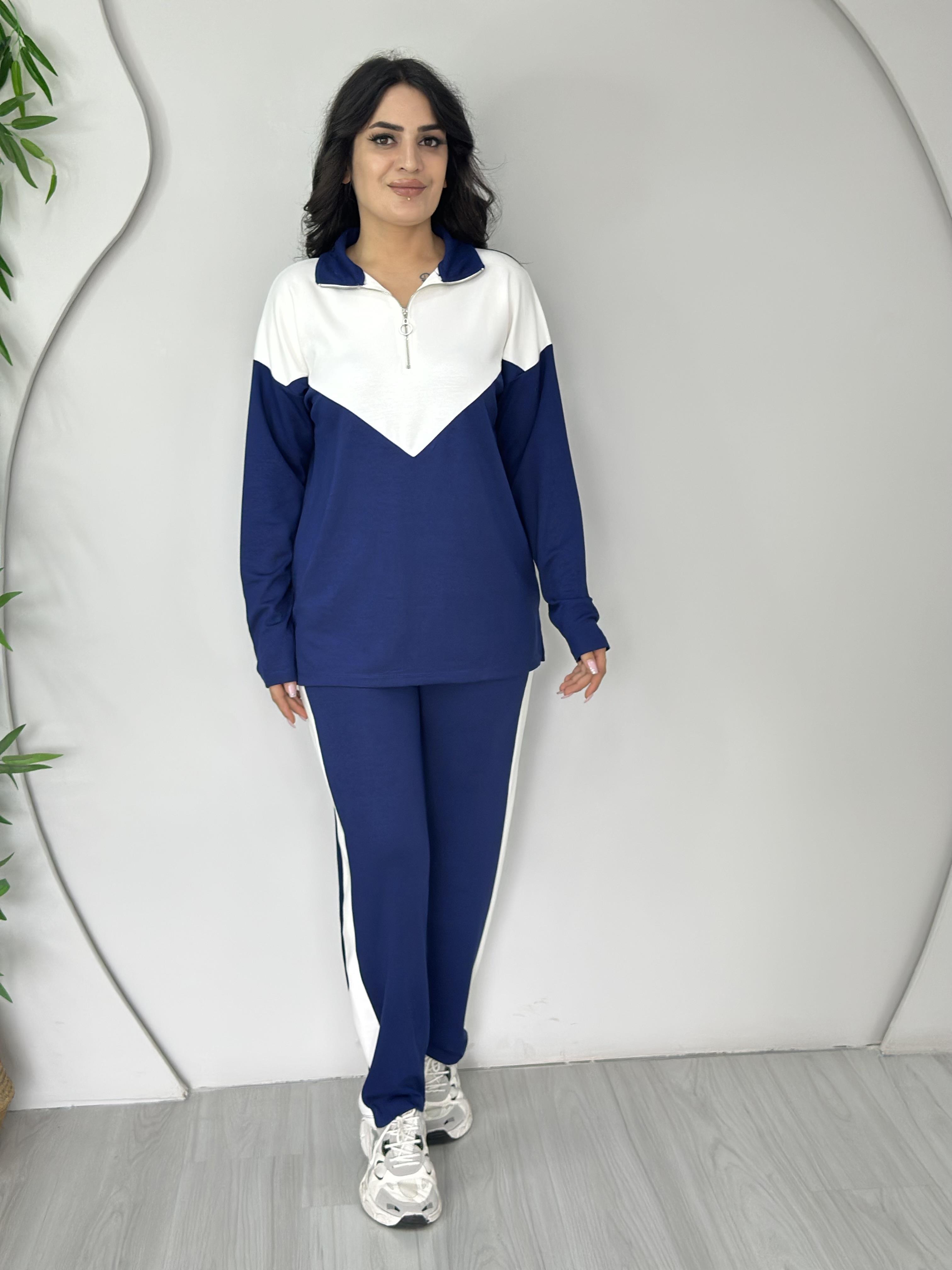 Bella Lacivert Yarım Fermuar Garnili Modal Şerit Detay Kollu İkili Takım A506