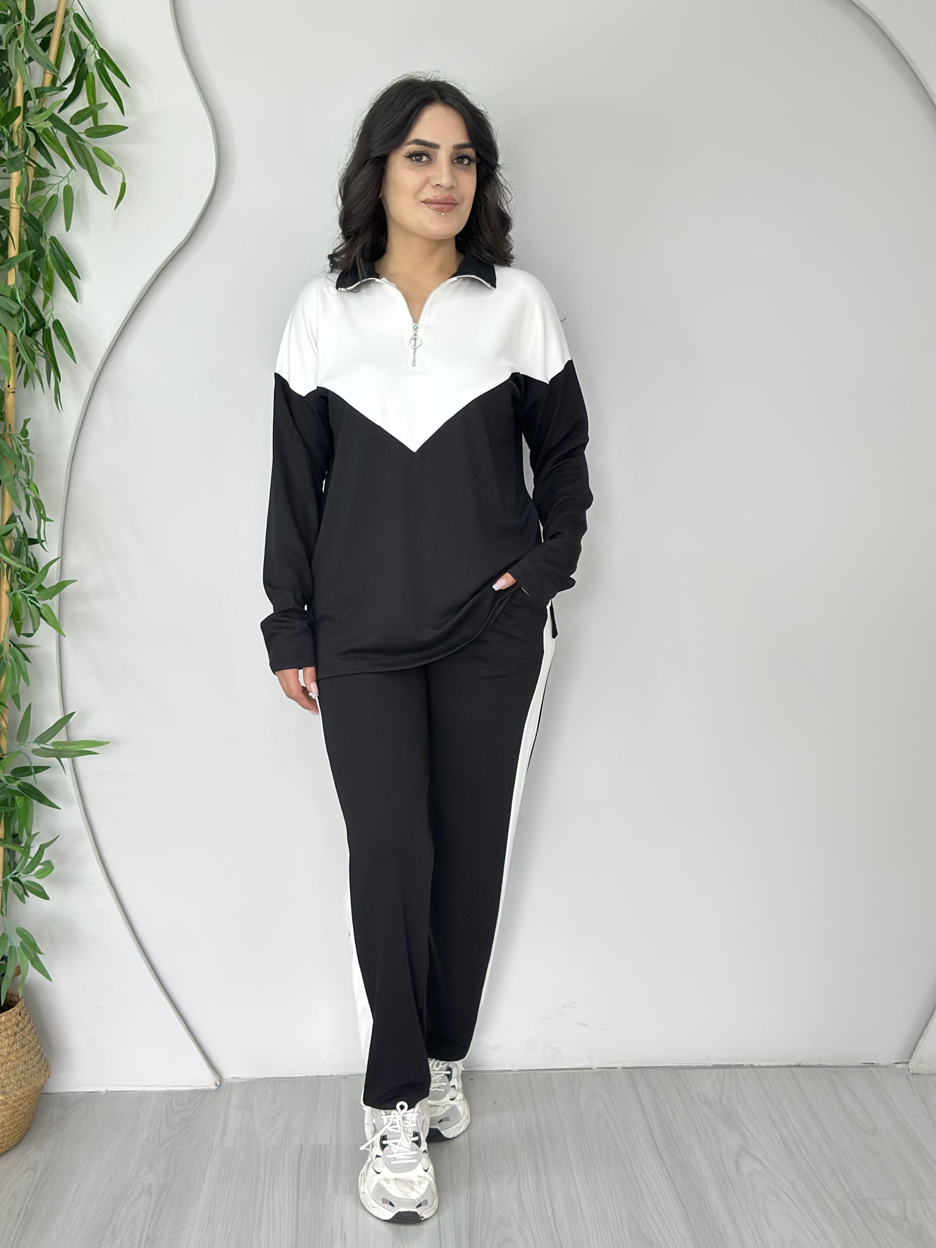 Bella Siyah Yarım Fermuar Garnili Modal Şerit Detay Kollu İkili Takım A504 