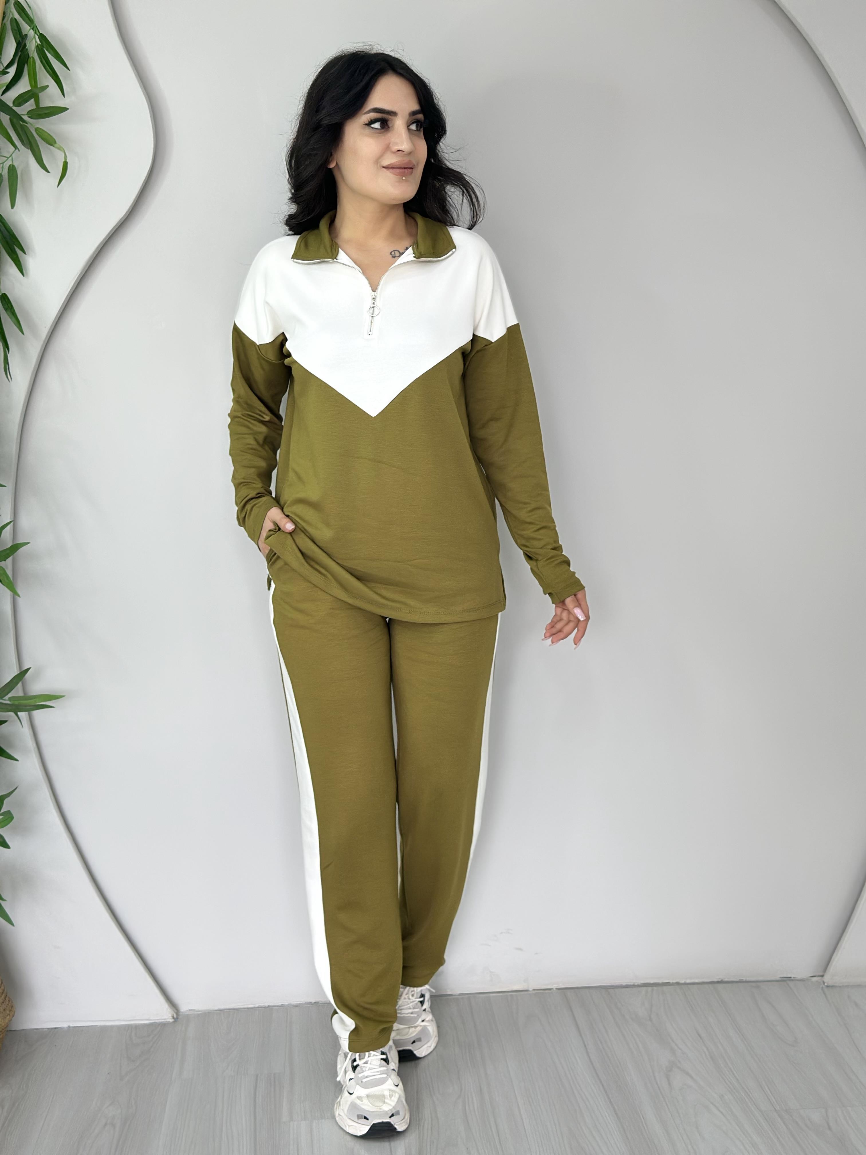 Bella Yağ Yeşili  Yarım Fermuar Garnili Modal Şerit Detay Kollu İkili Takım A502 