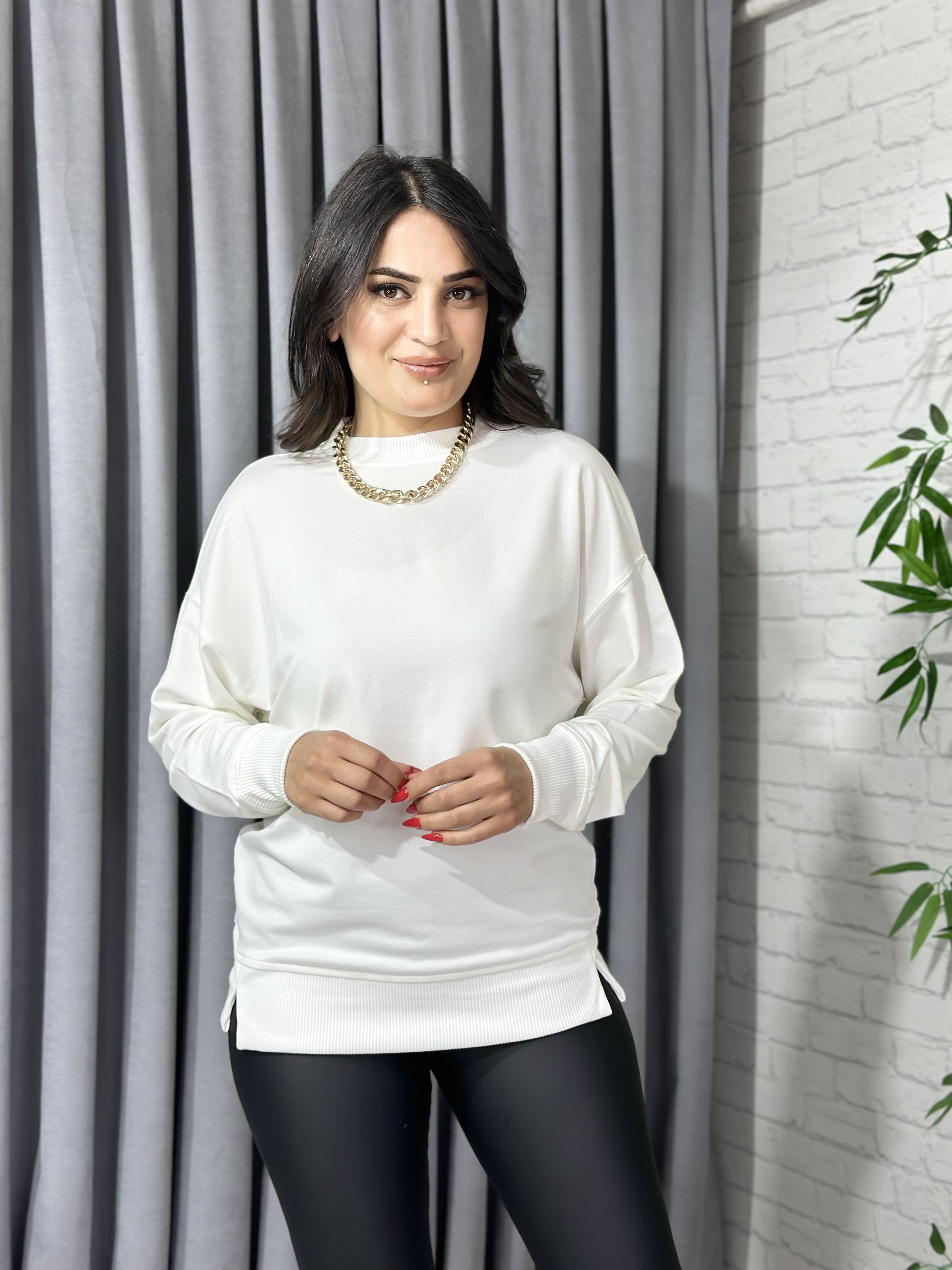 Beyaz Bisiklet Yaka Pamuklu Sweatshirt 