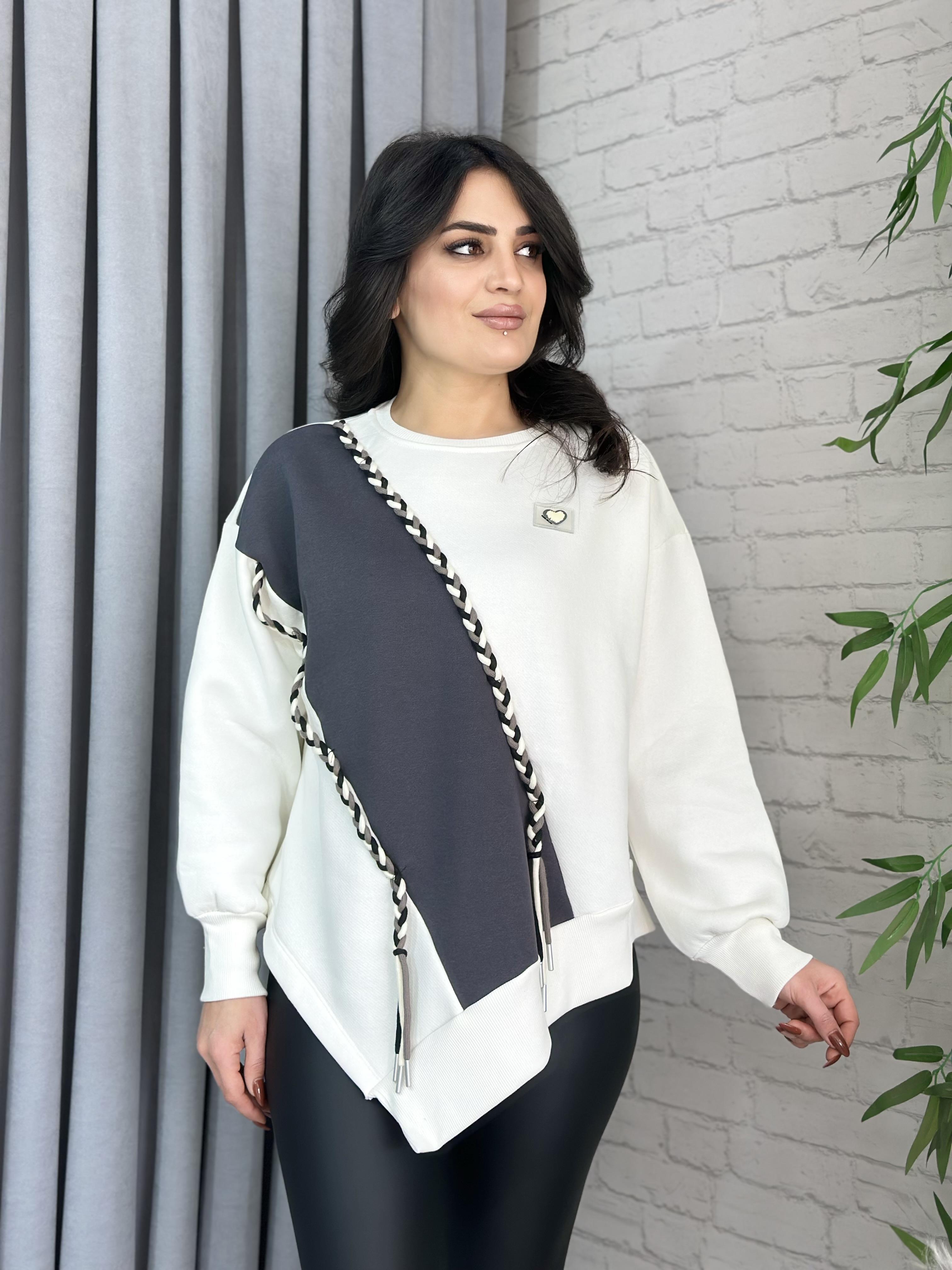 Beyaz Gri Saç Örgü Desenli Pamuklu Sweatshirt
