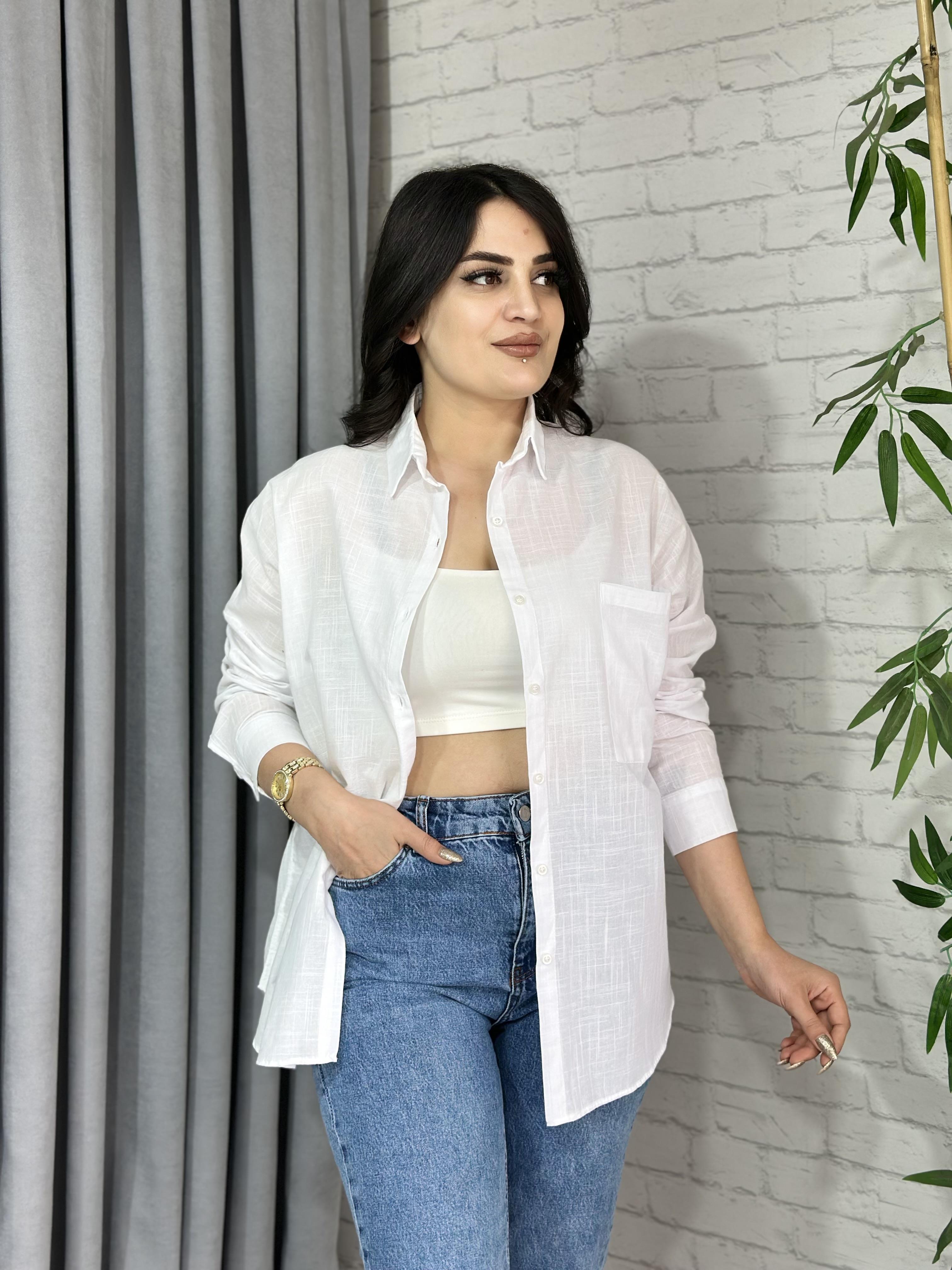 Beyaz Oversize Cepli Keten Gömlek A095