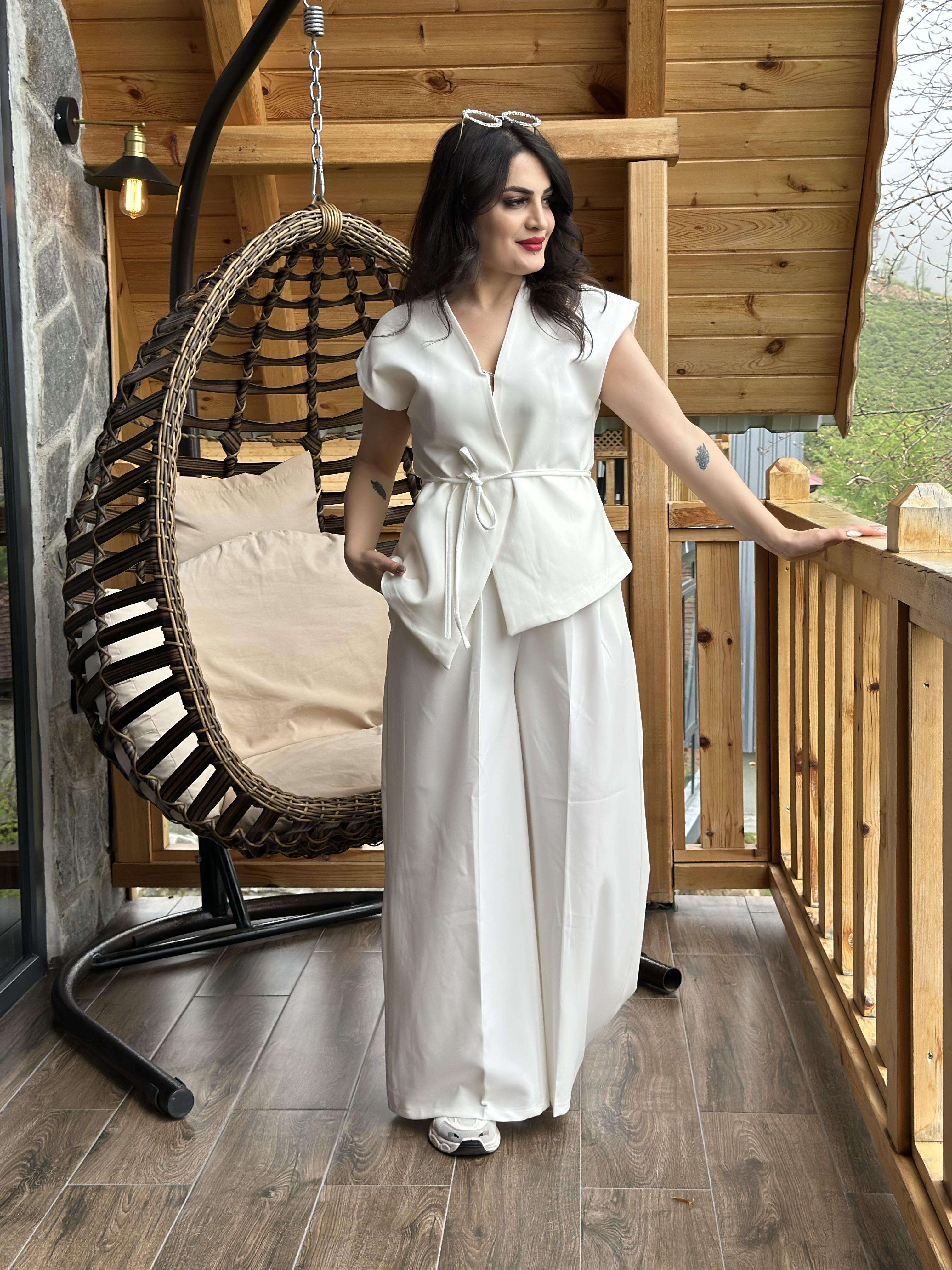 Beyaz Premium Atlas Kumaş Yelek Pantolon TakımA121