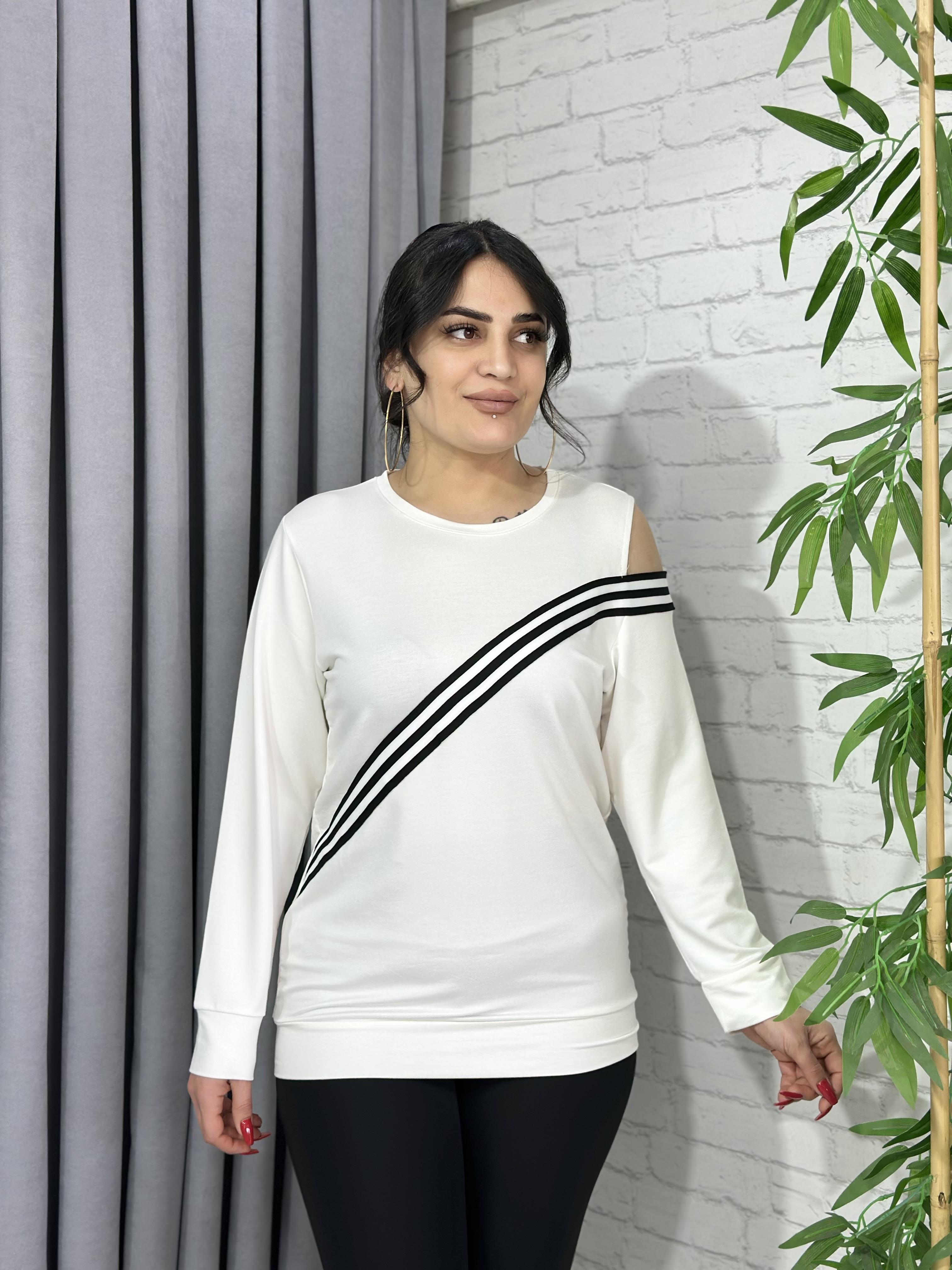 Beyaz Şerit Detaylı Pamuklu Sweatshirt A006