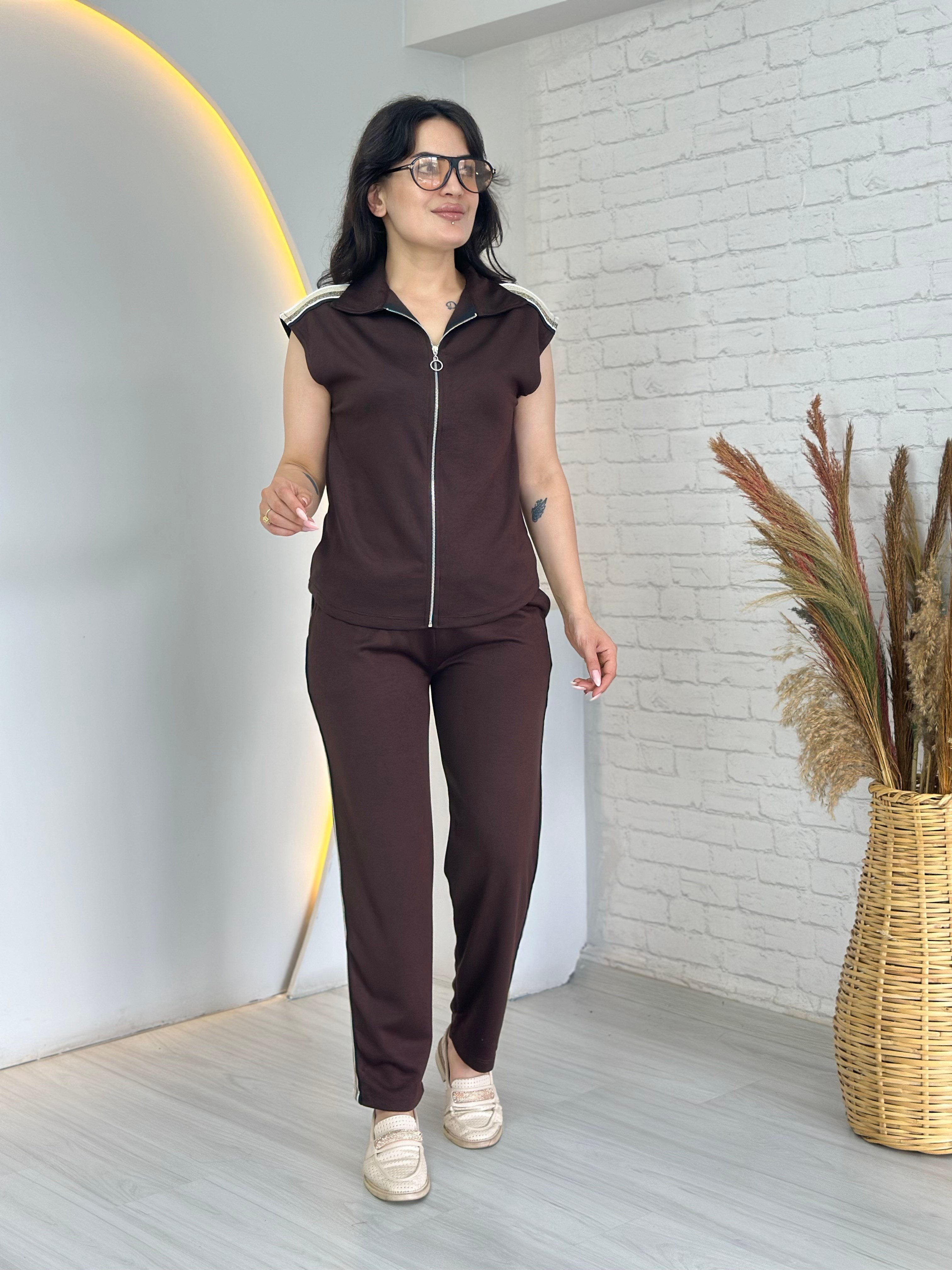 Bitex Kahve Fermuarlı Şerit Detaylı Yumuşak Dokulu Modal Eşofman Takım D140