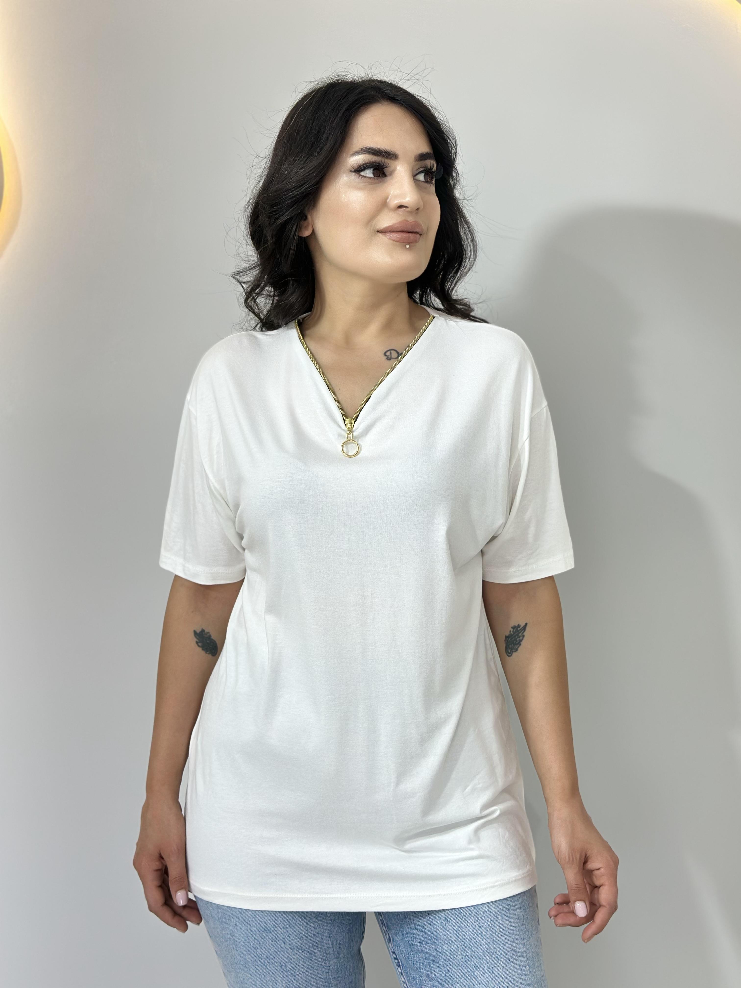 Blan Beyaz Fermuarlı Viskon Tshirt Bluz A013