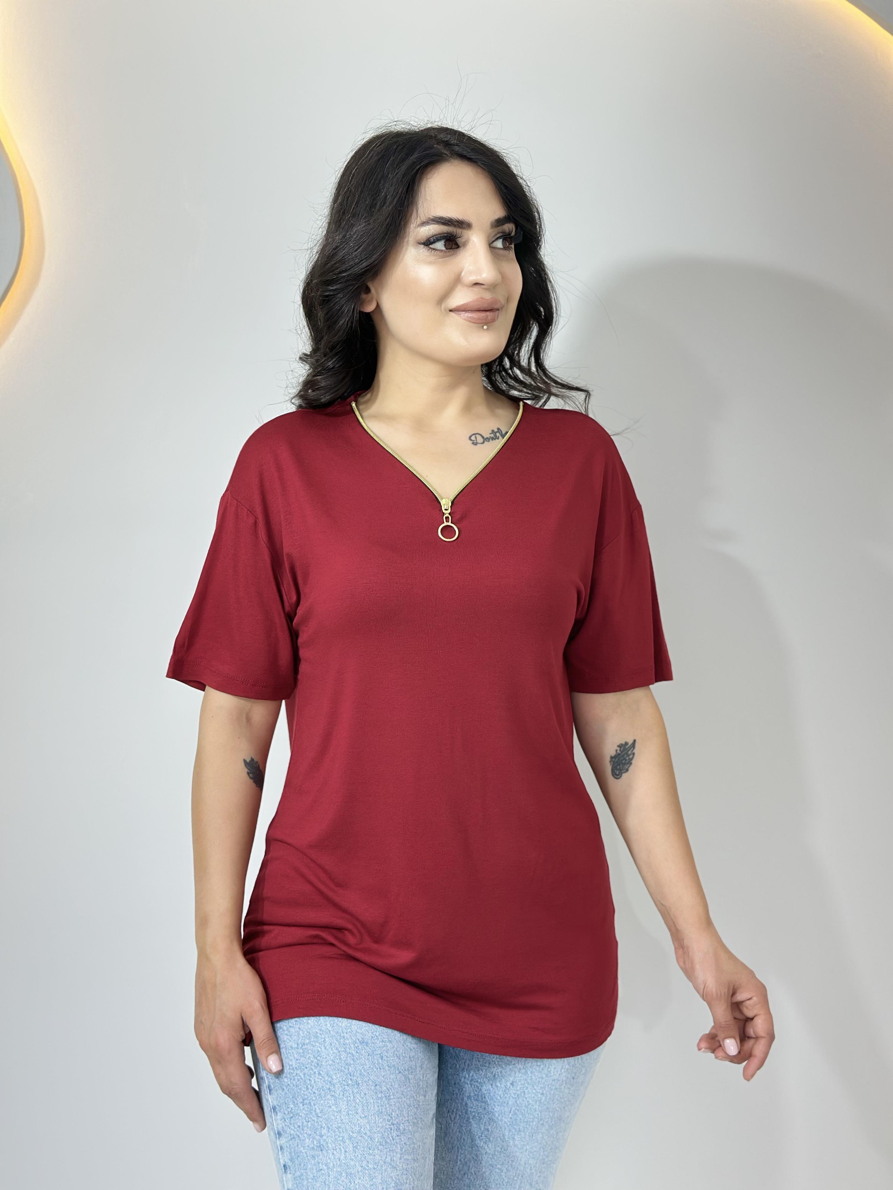 Blan Bordo Fermuarlı Viskon Tshirt Bluz A010