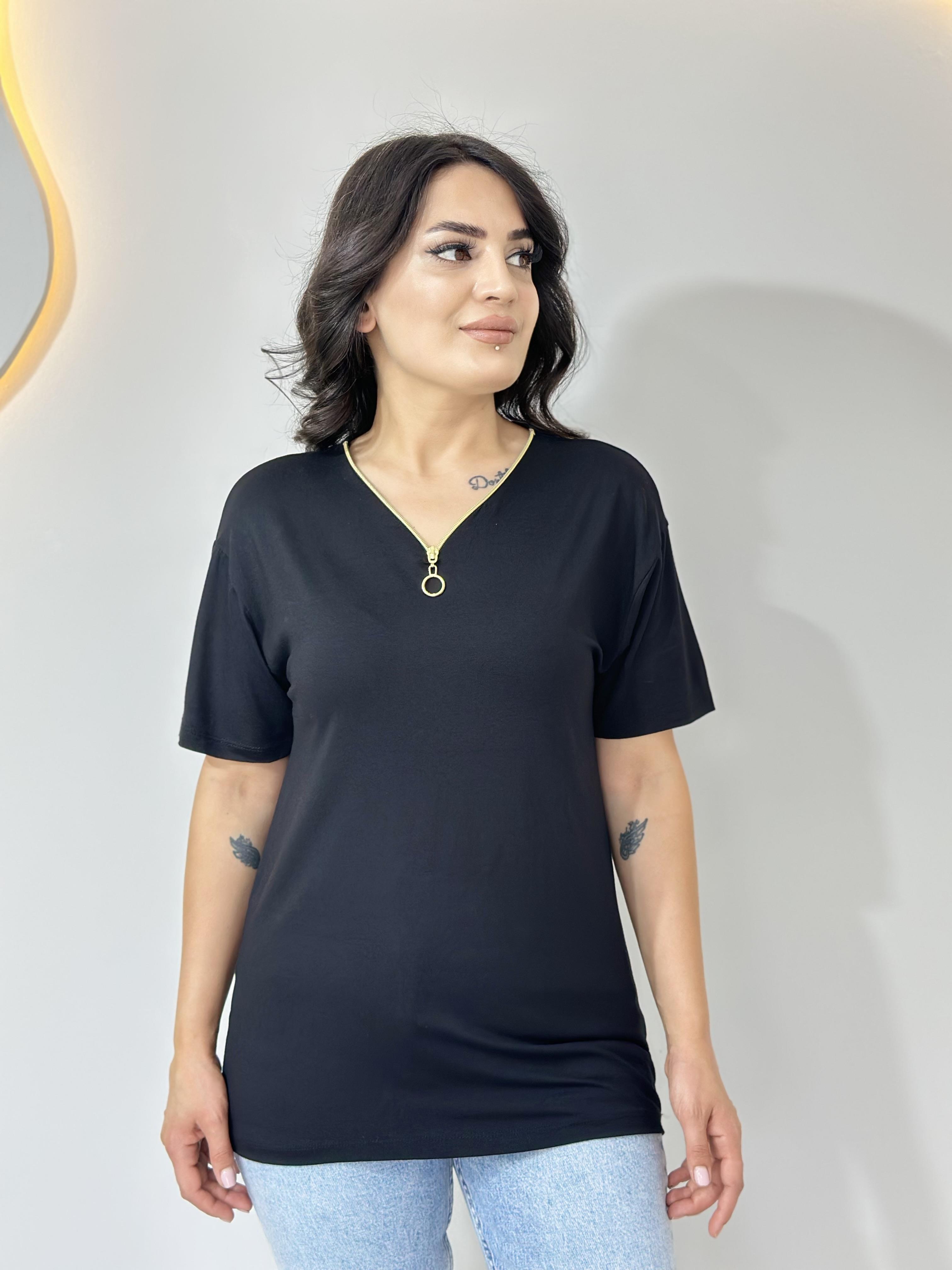 Blan Siyah Fermuarlı Viskon Tshirt Bluz  A012