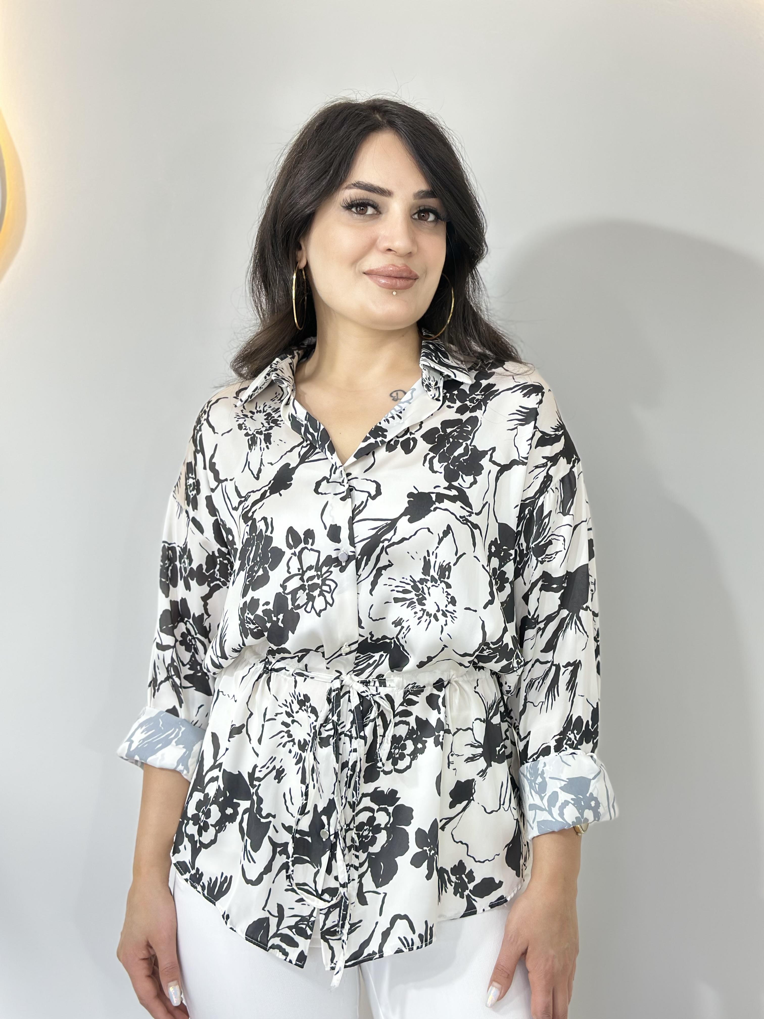 Blie Siyah Beyaz Desenli Önden Bağçıklı Bluz Gömlek A014