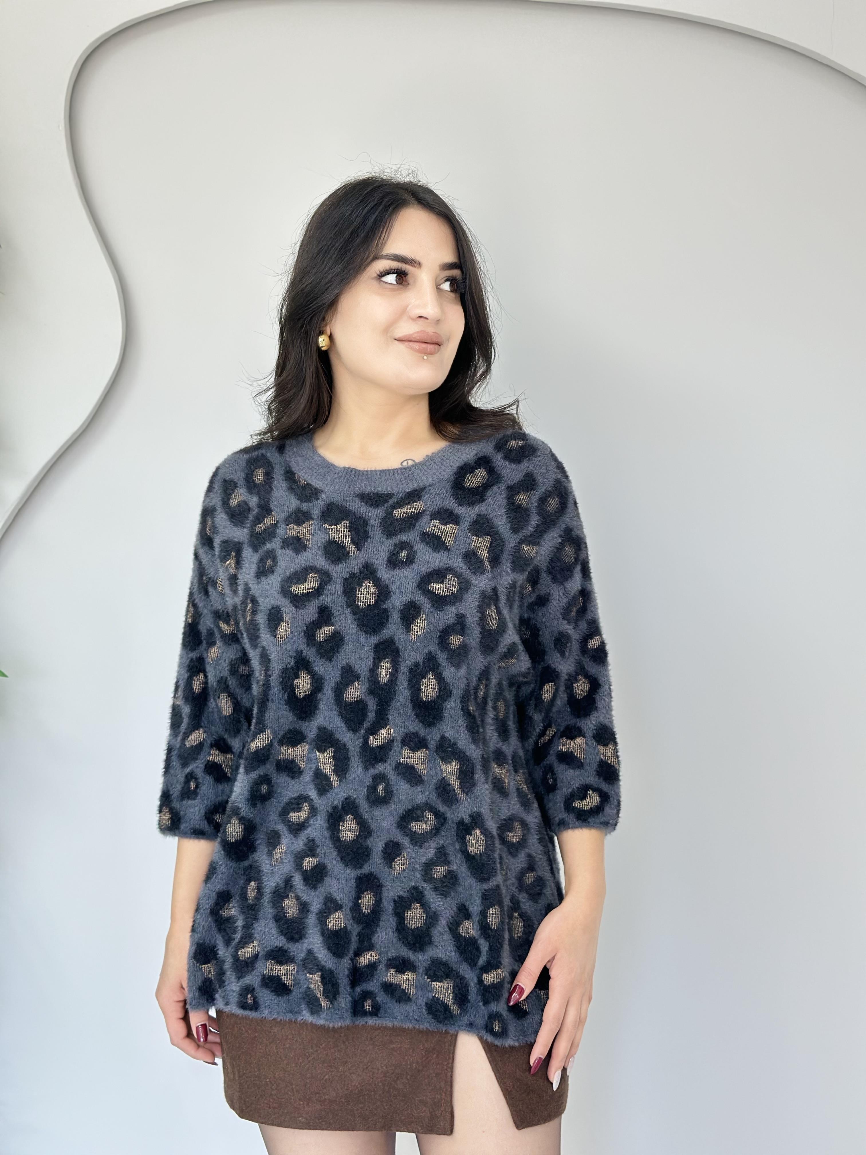 Bluf Füme Leopar Batik Desen Angora Yumoş Kazak A425