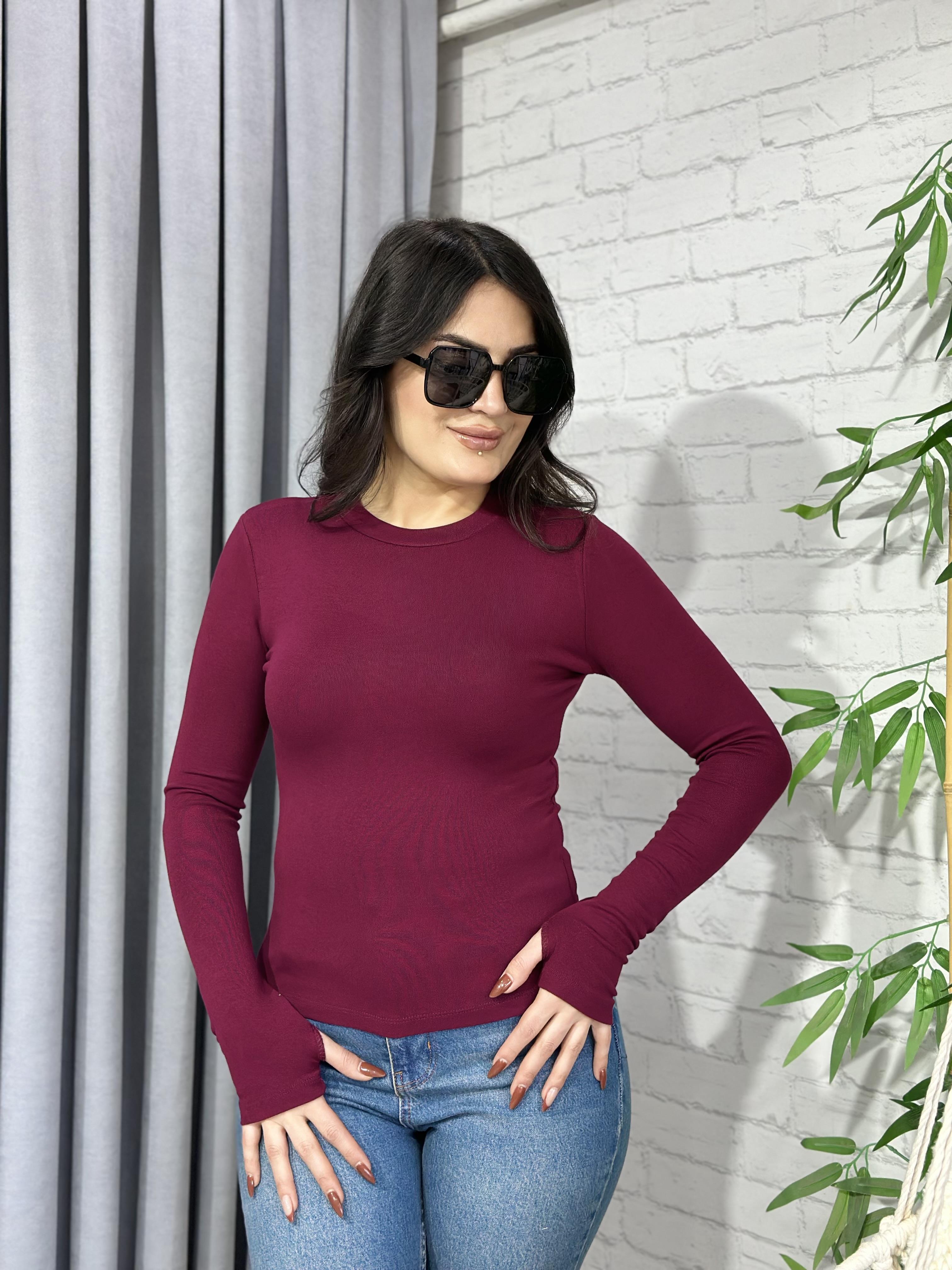 Bordo Bisiklet Yaka Modal Kumaş Uzun Kol Parmak Geçmeli Orjinal Body  A368