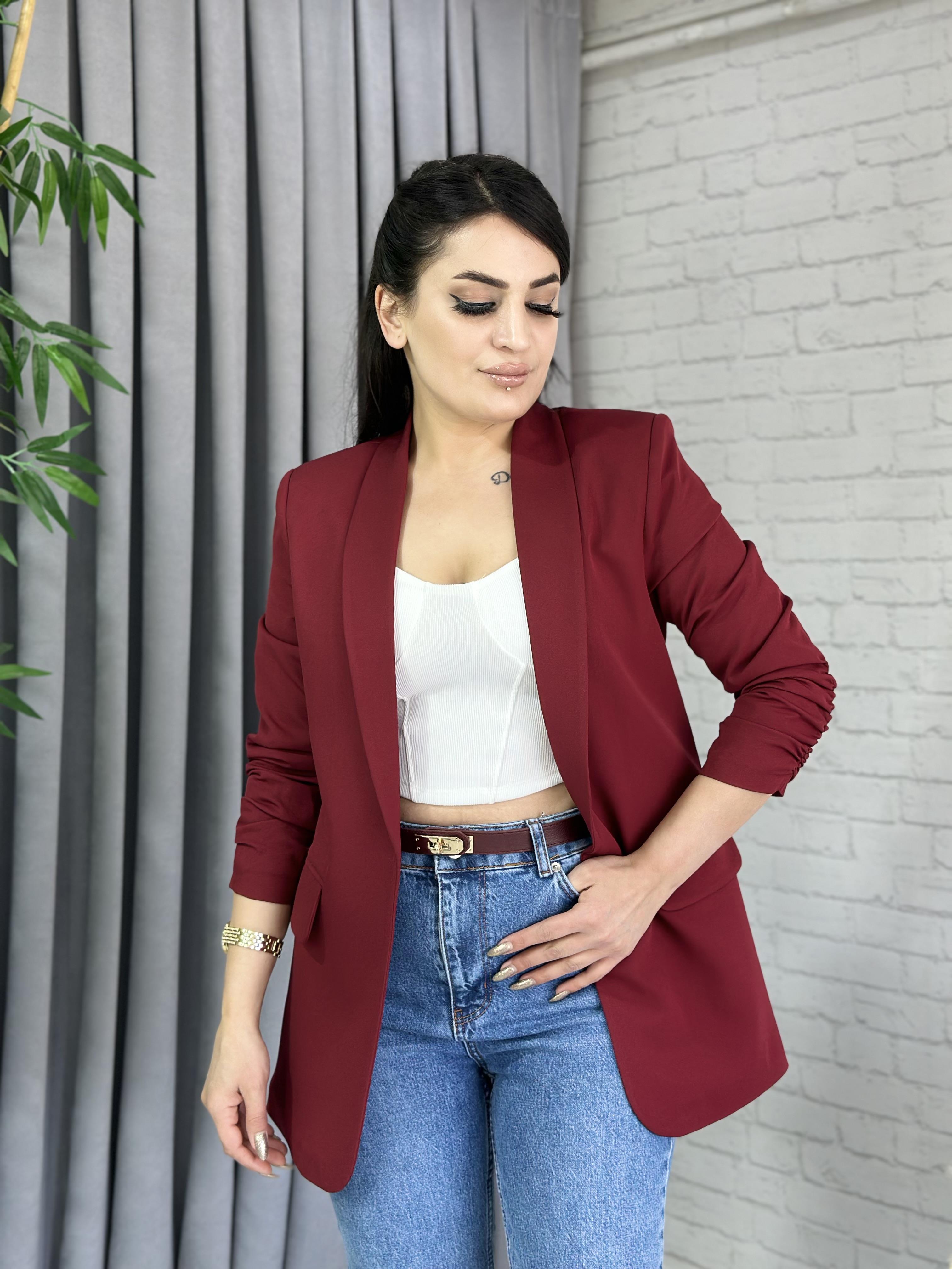 Bordo Kolu Büzgülü Astarlı Atlas Kumaş Ceket A029