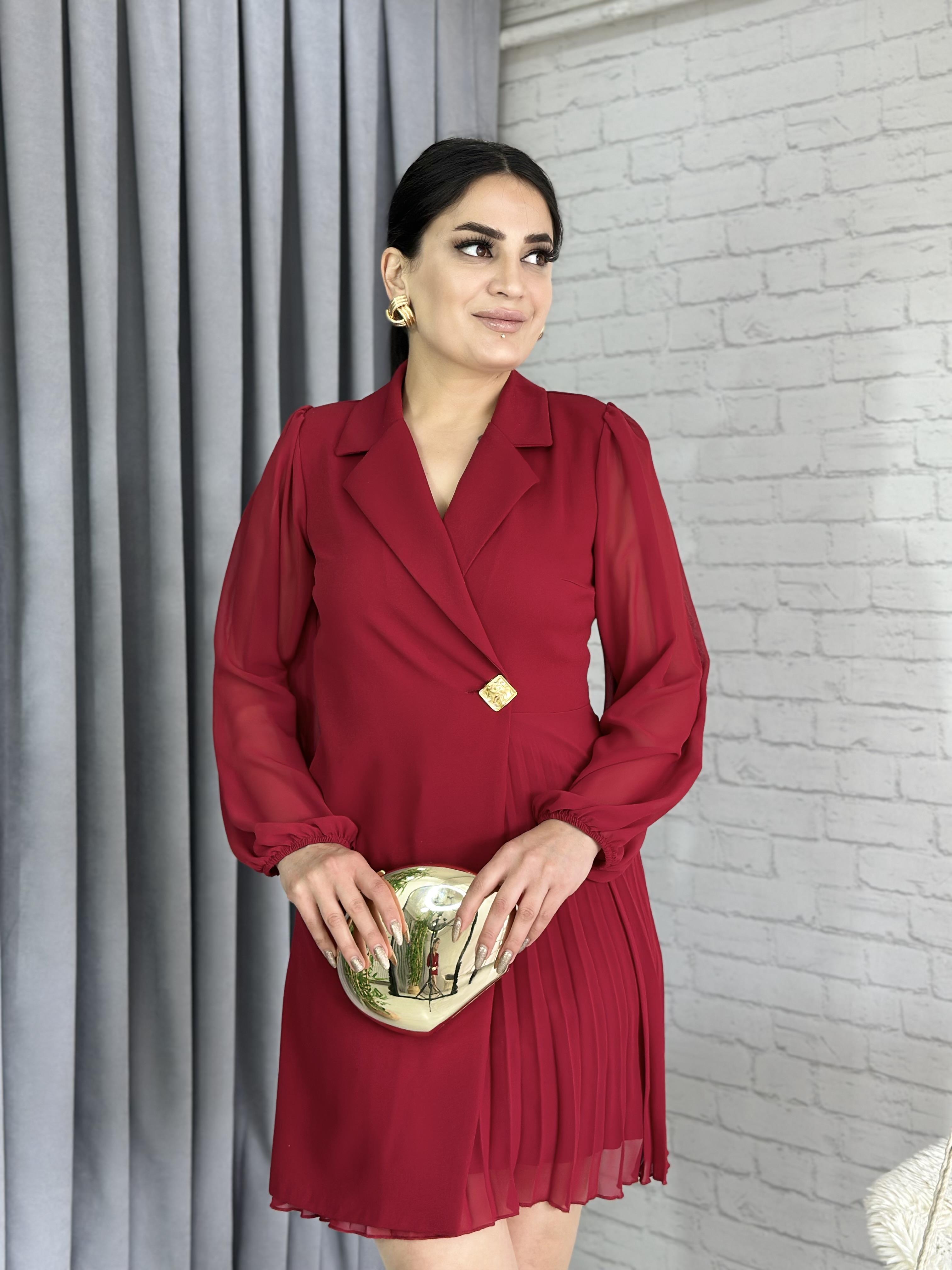 Bordo Kruvaze Ceket Yaka Pilise Detaylı Anvelop Detay Kollar Tül Elbise A027