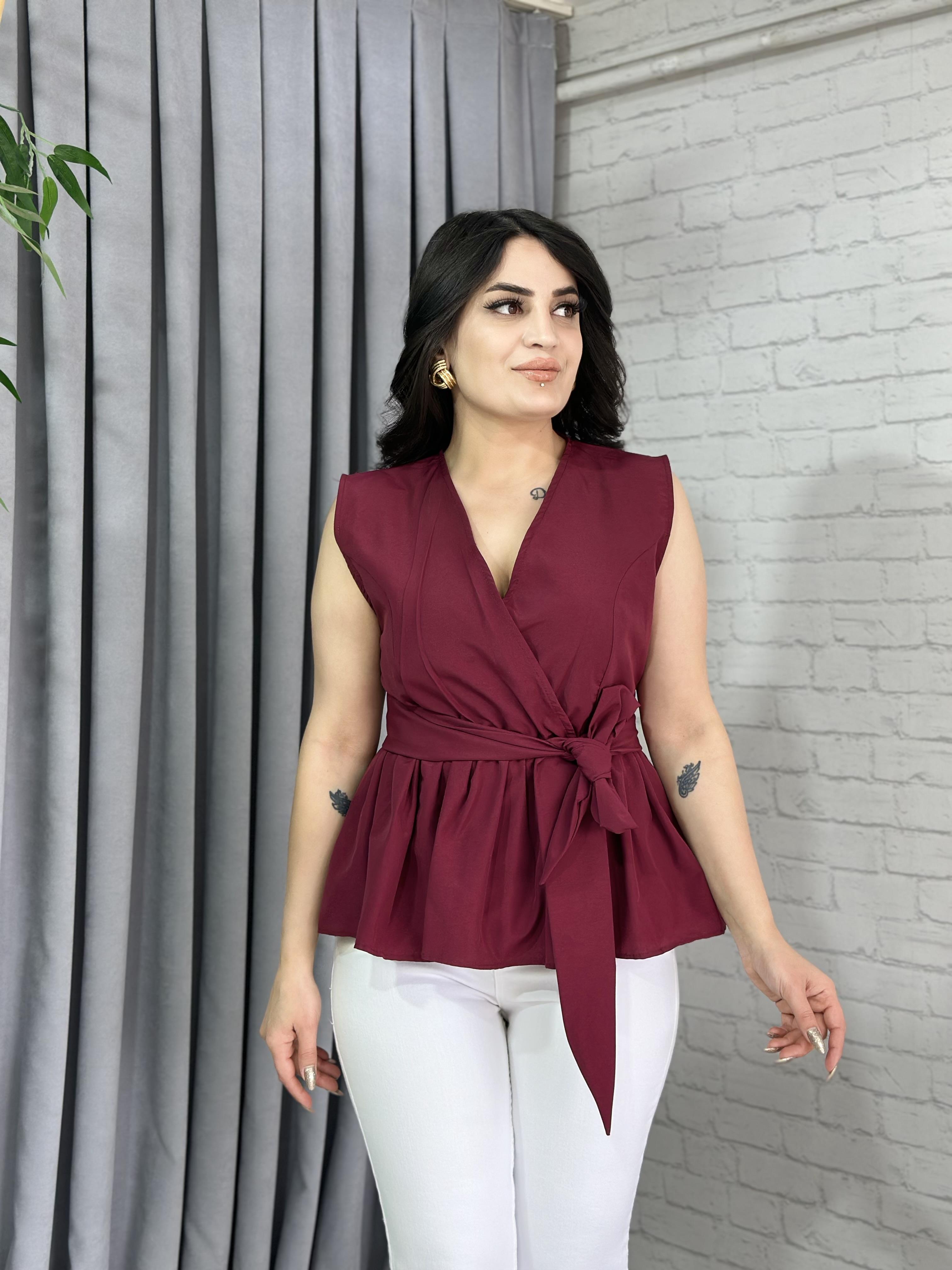 Bordo Kruvaze Yaka Sıfır Kol Beli Lastikli Poplin Bluz A021
