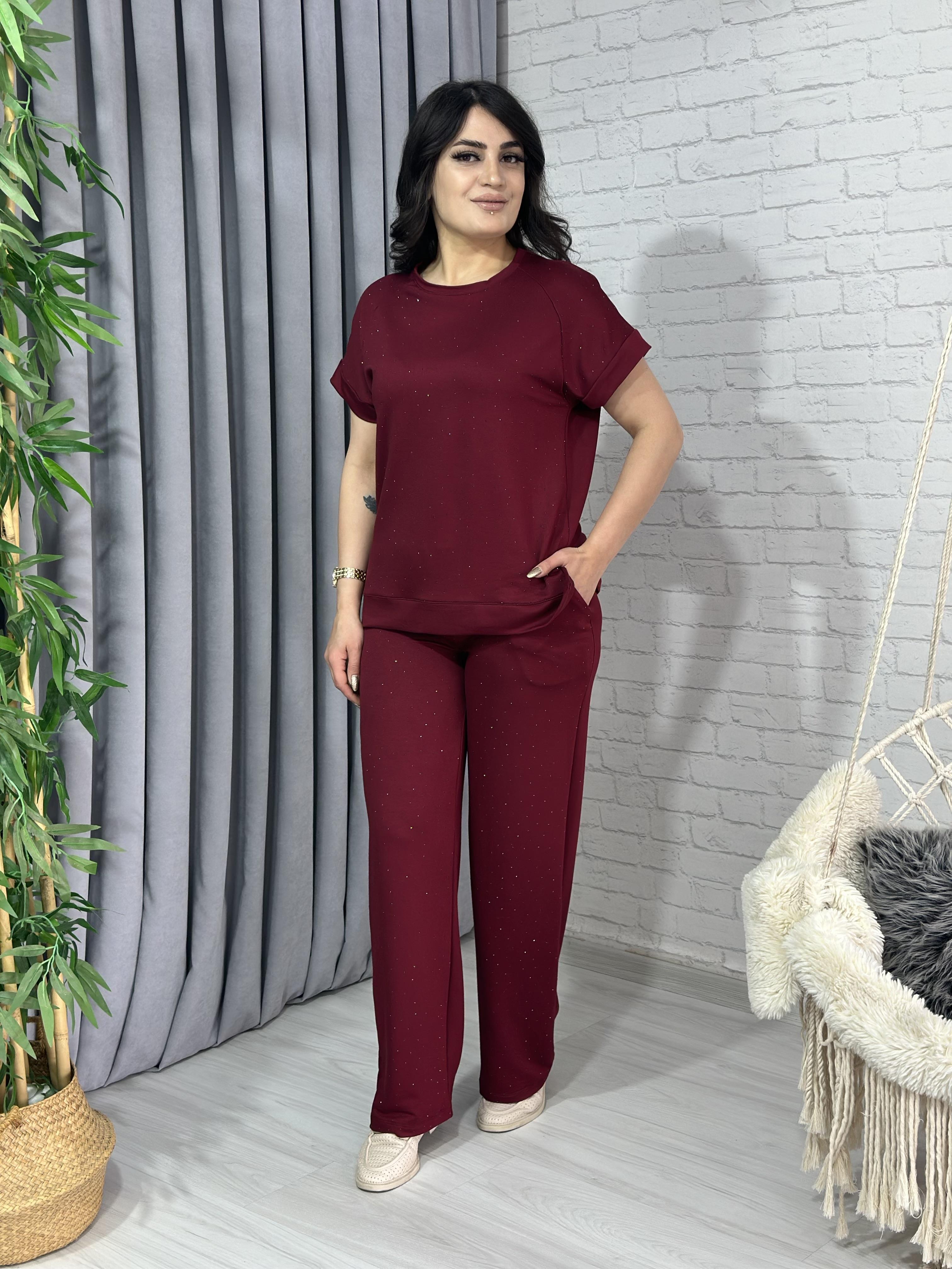 Bordo Modal Kumaş Kısa Kollu Taşlı Bol Paça İkili Takım A020 