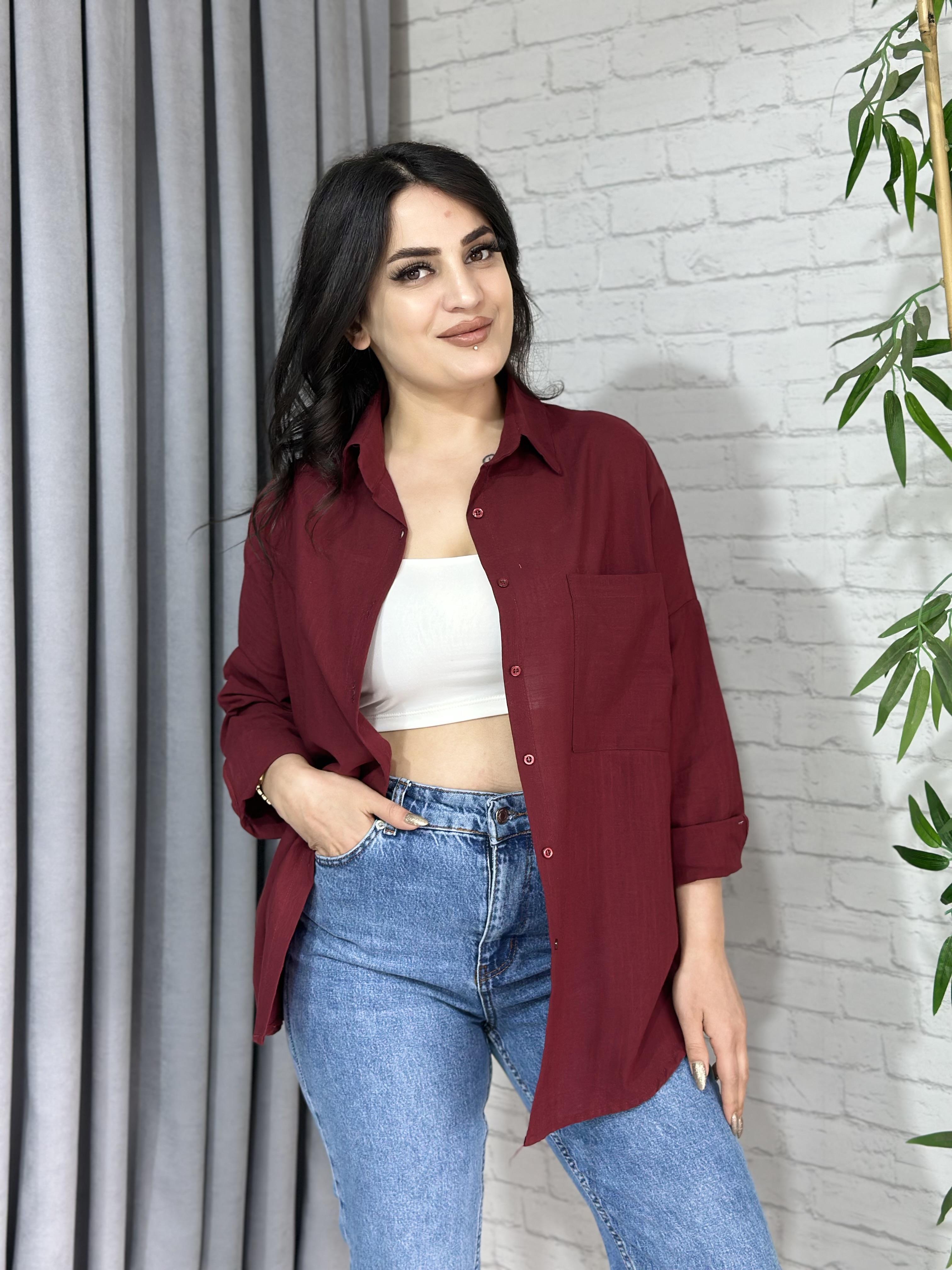 Bordo  Oversize Cepli Keten Gömlek A096