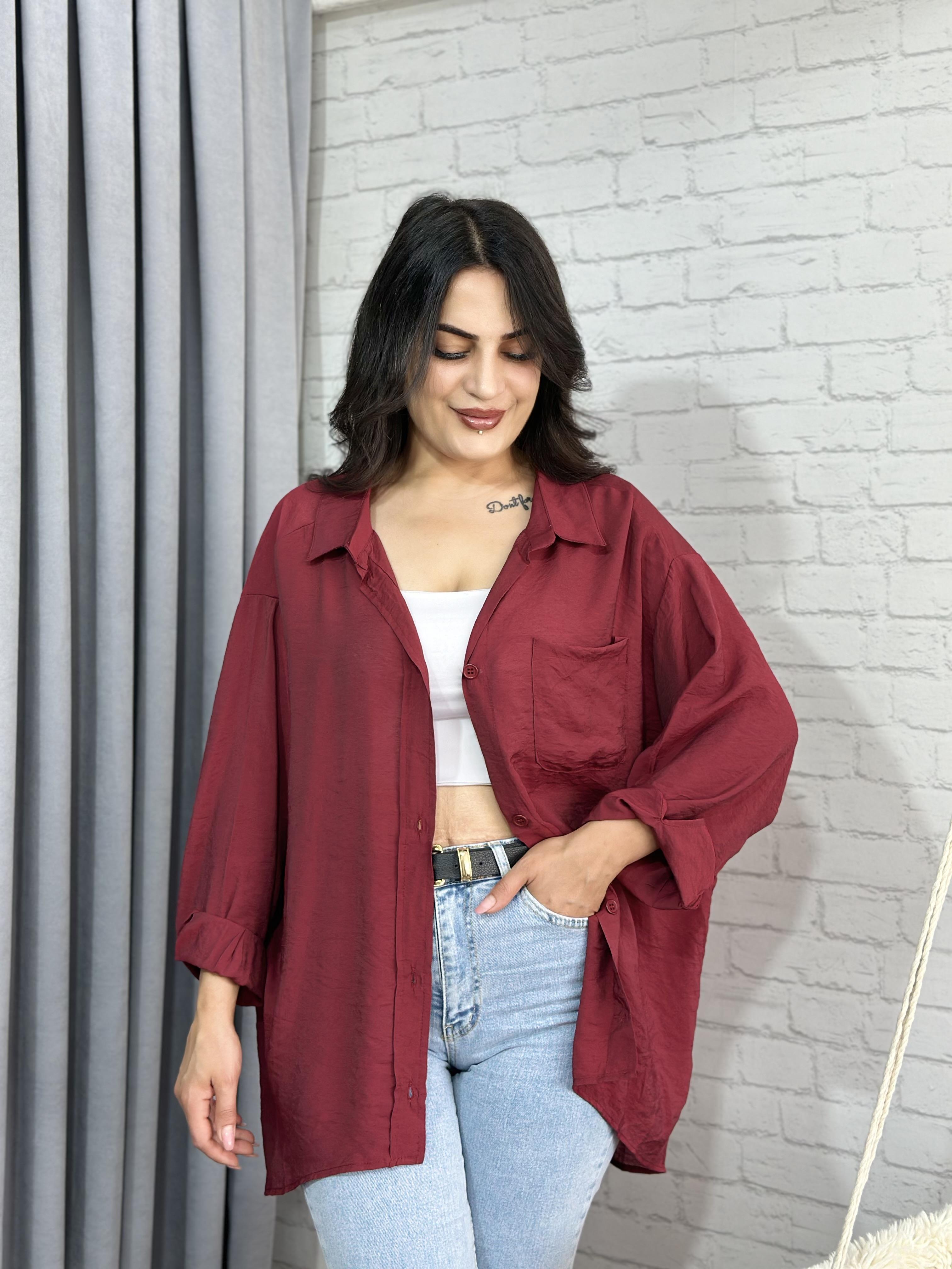Bordo Tensel Bambu Oversize Cepli Gömlek
