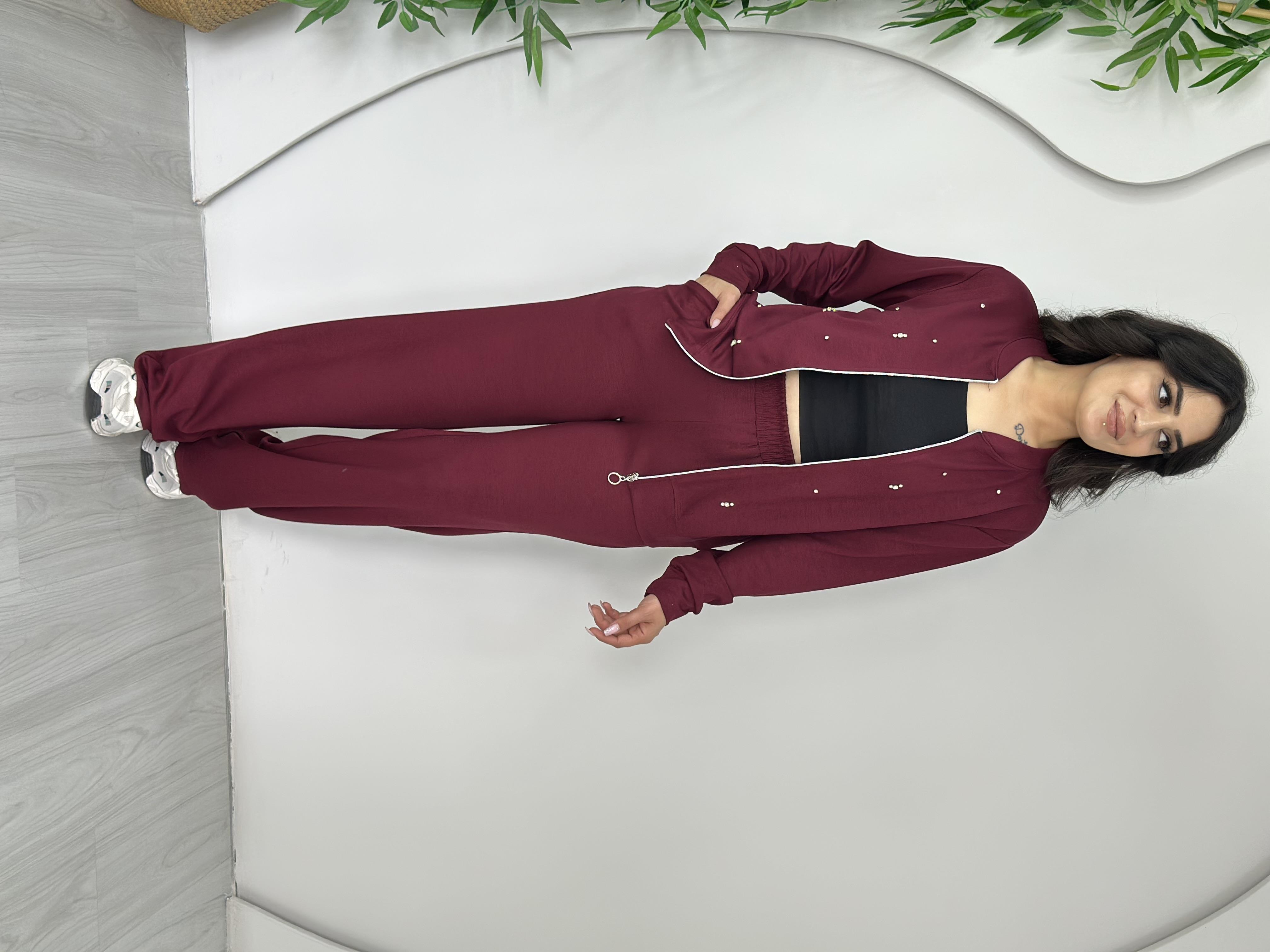 Cenny Bordo Modal Kumaş Taşlı Fermuarlı Alt Üst Takım A509