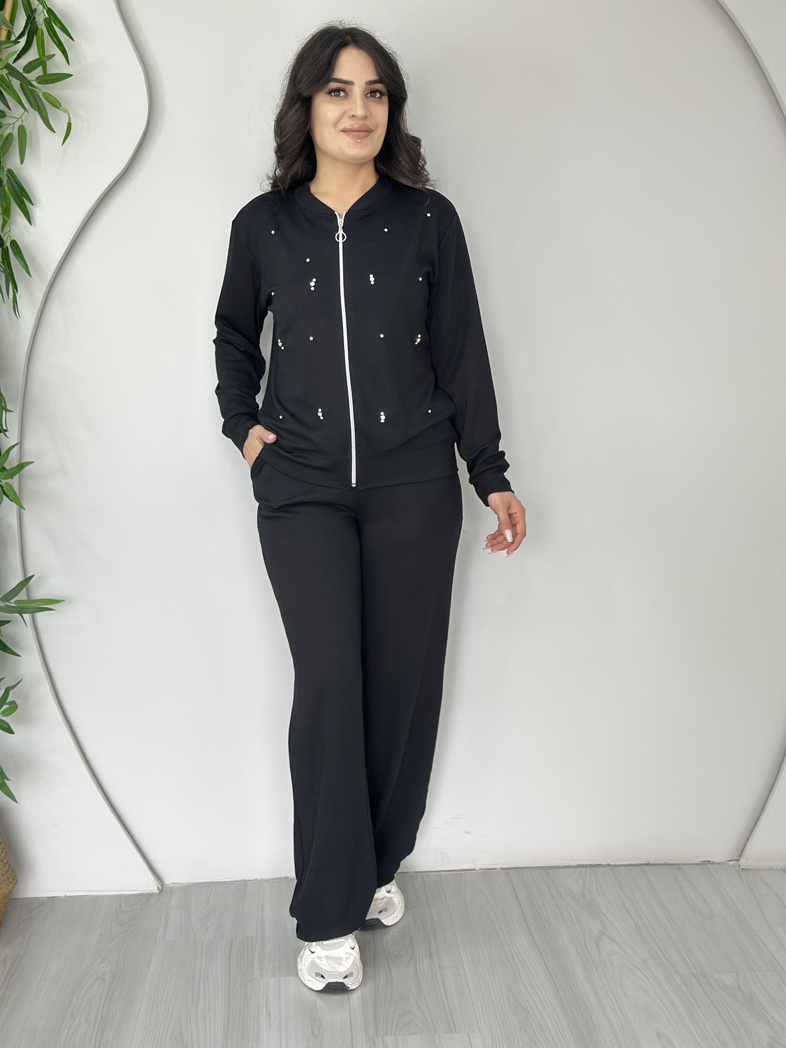 Cenny Siyah Modal Kumaş Taşlı Fermuarlı Alt Üst Takım A510