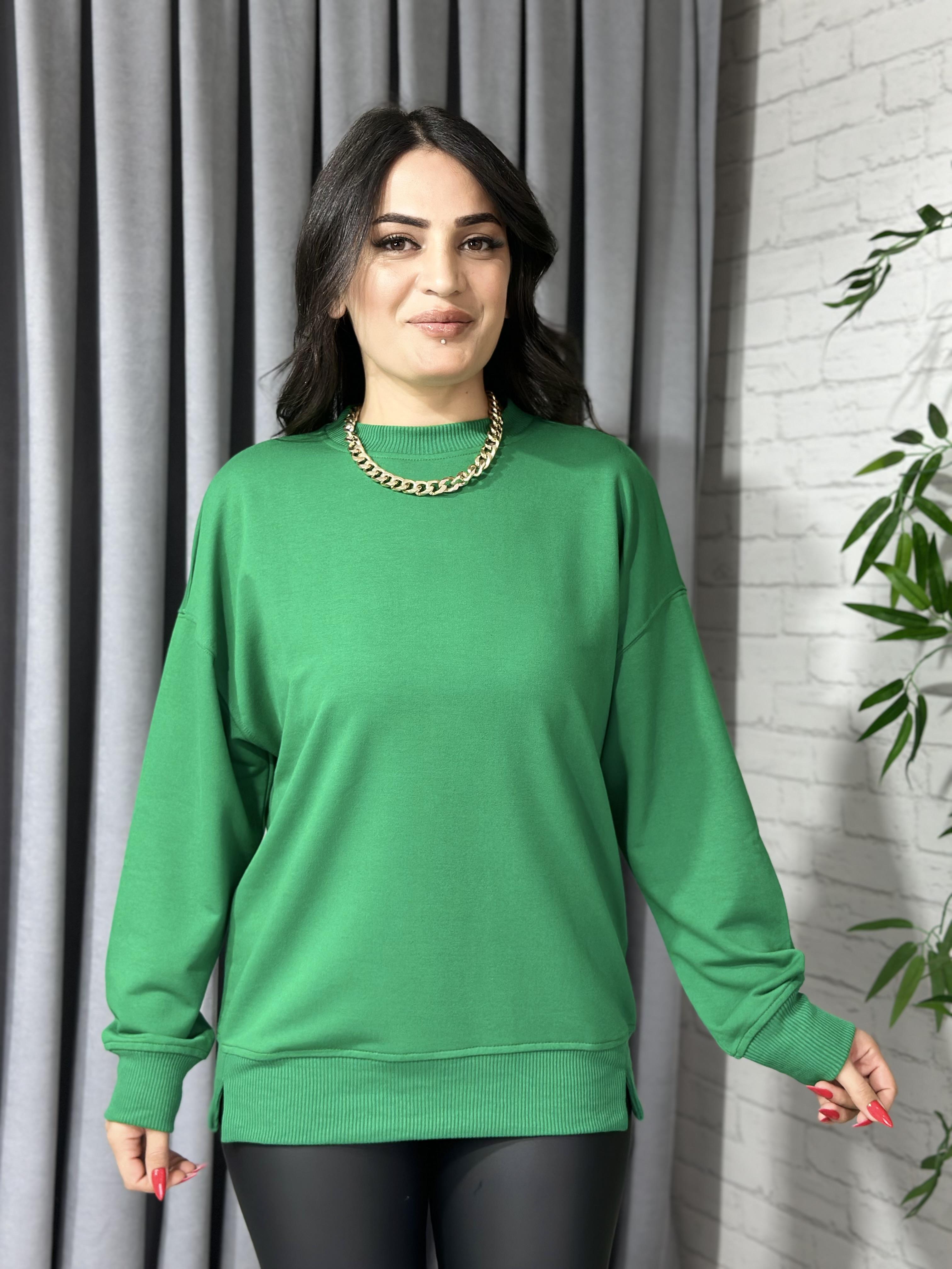 Çimen Yeşili Bisiklet Yaka Pamuklu Sweatshirt 