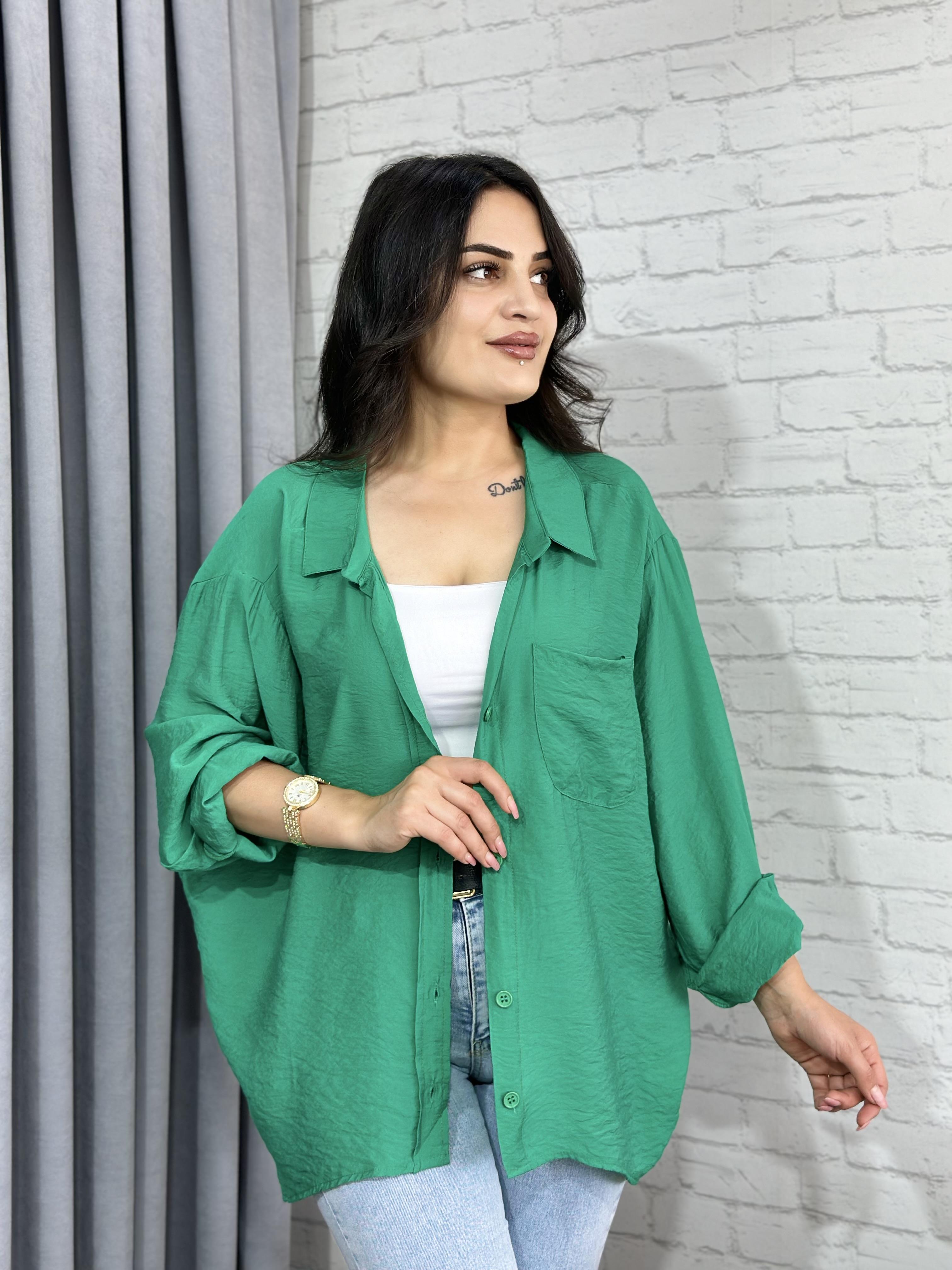 Çimen Yeşili Tensel Bambu Oversize Cepli Gömlek