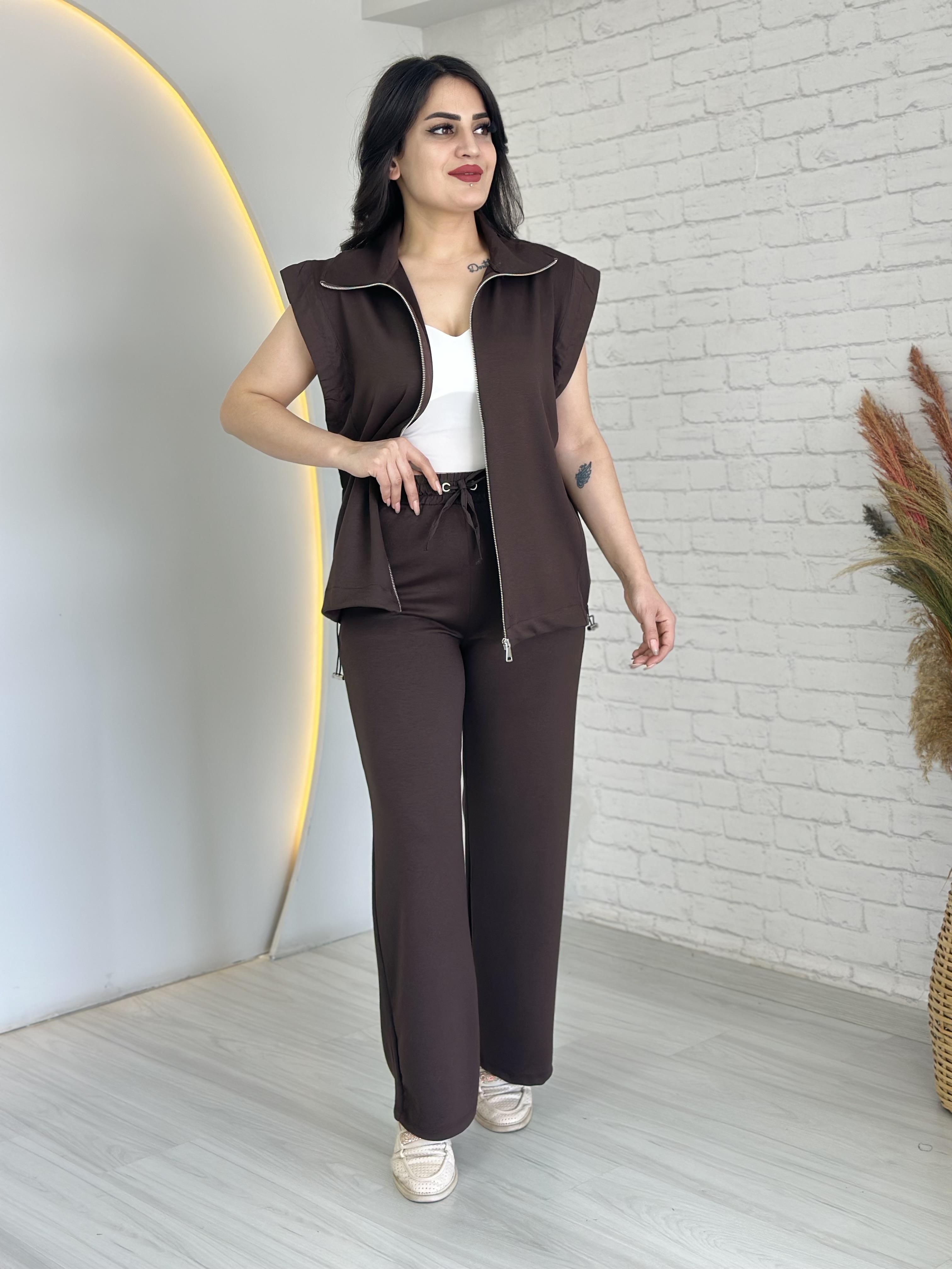 Clair Kahve Fermuarlı Paraşüt Yelek Pantolon Takım D029