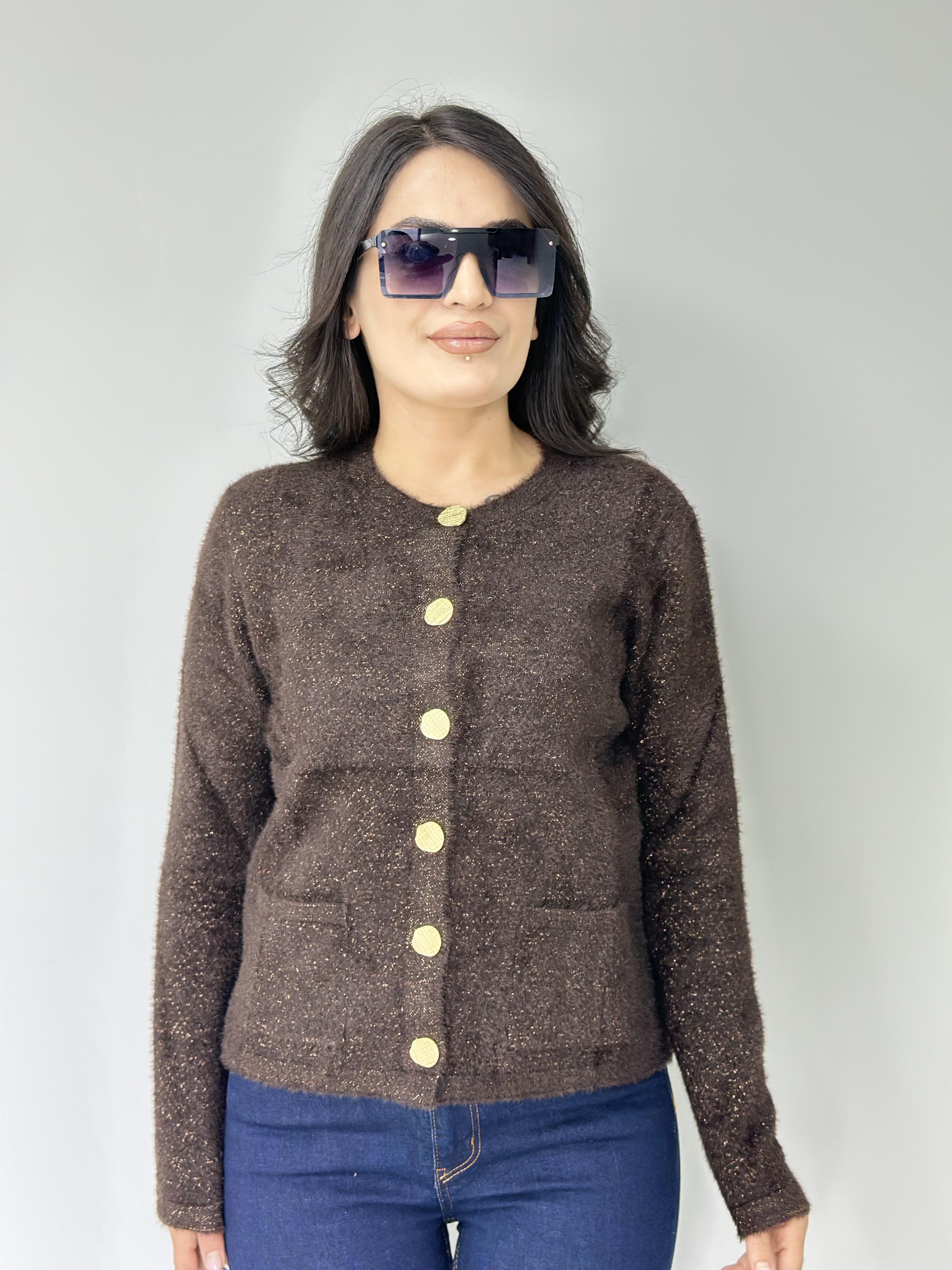 Cozy Kahve Gold Düğmeli Tüylü Premium Hırka A308