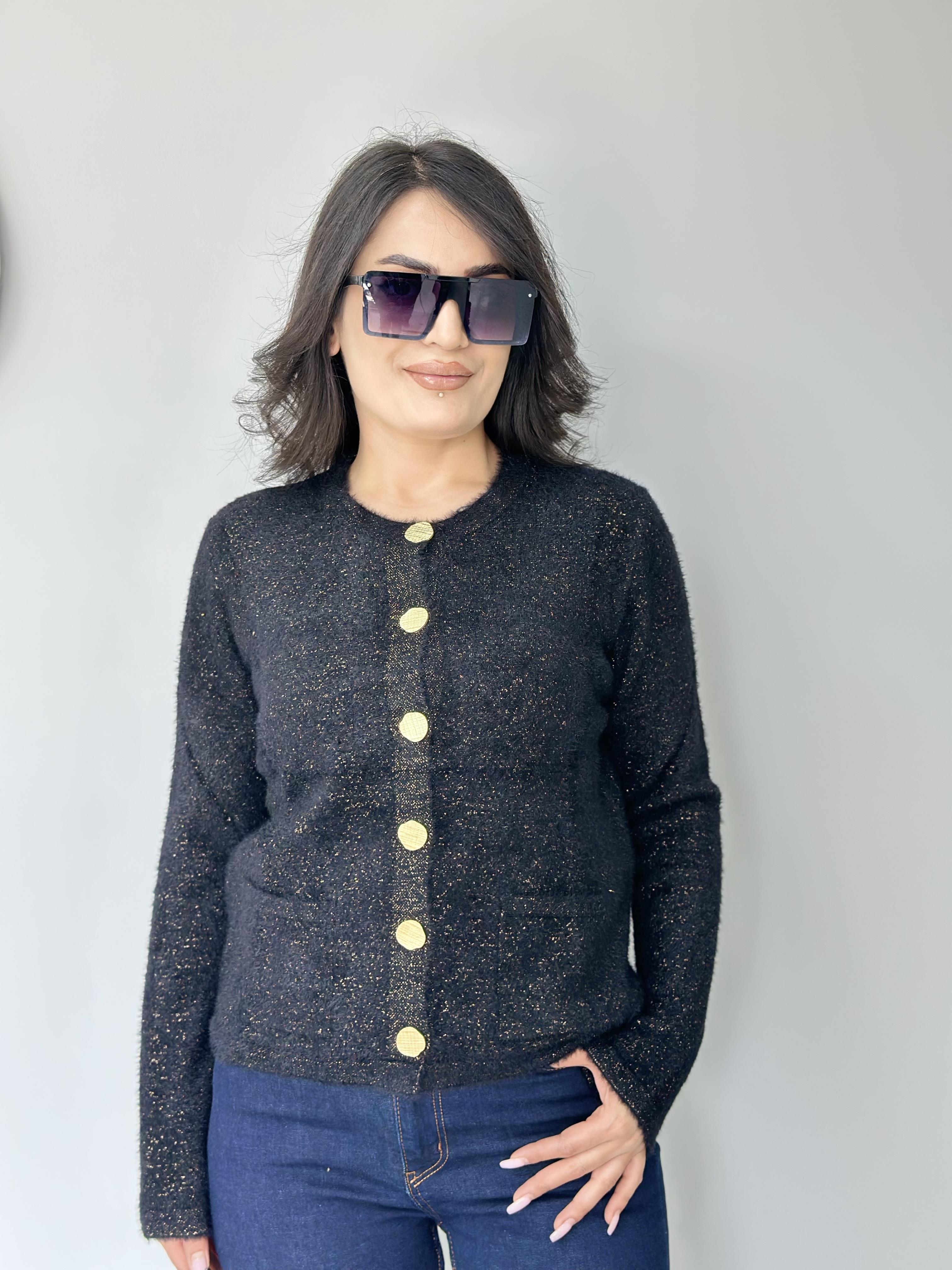 Cozy Siyah Gold Düğmeli Tüylü Premium Hırka A310