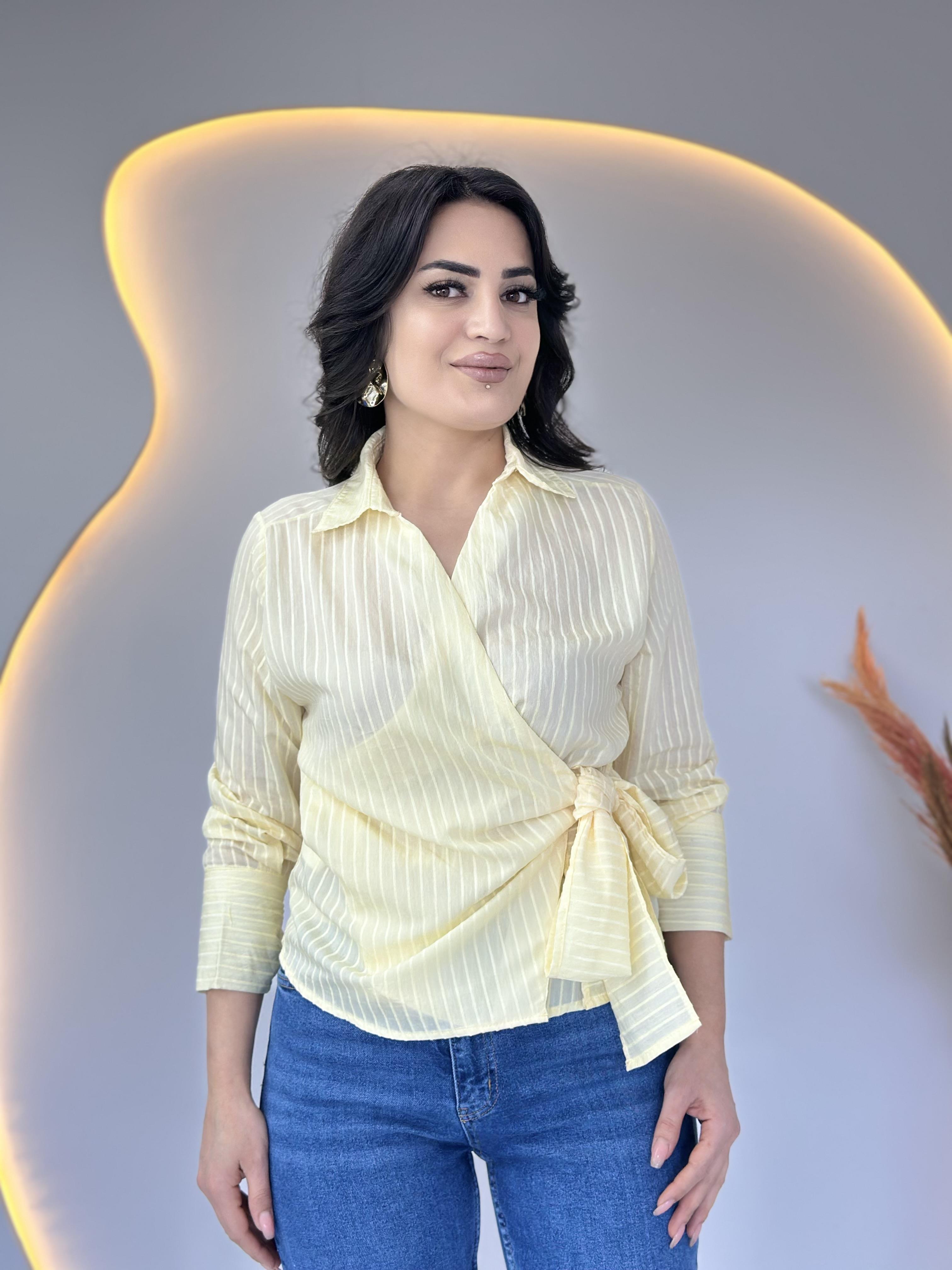 Dart Sarı Kruvaze Yaka Yandan Bağlamalı Bluz D059