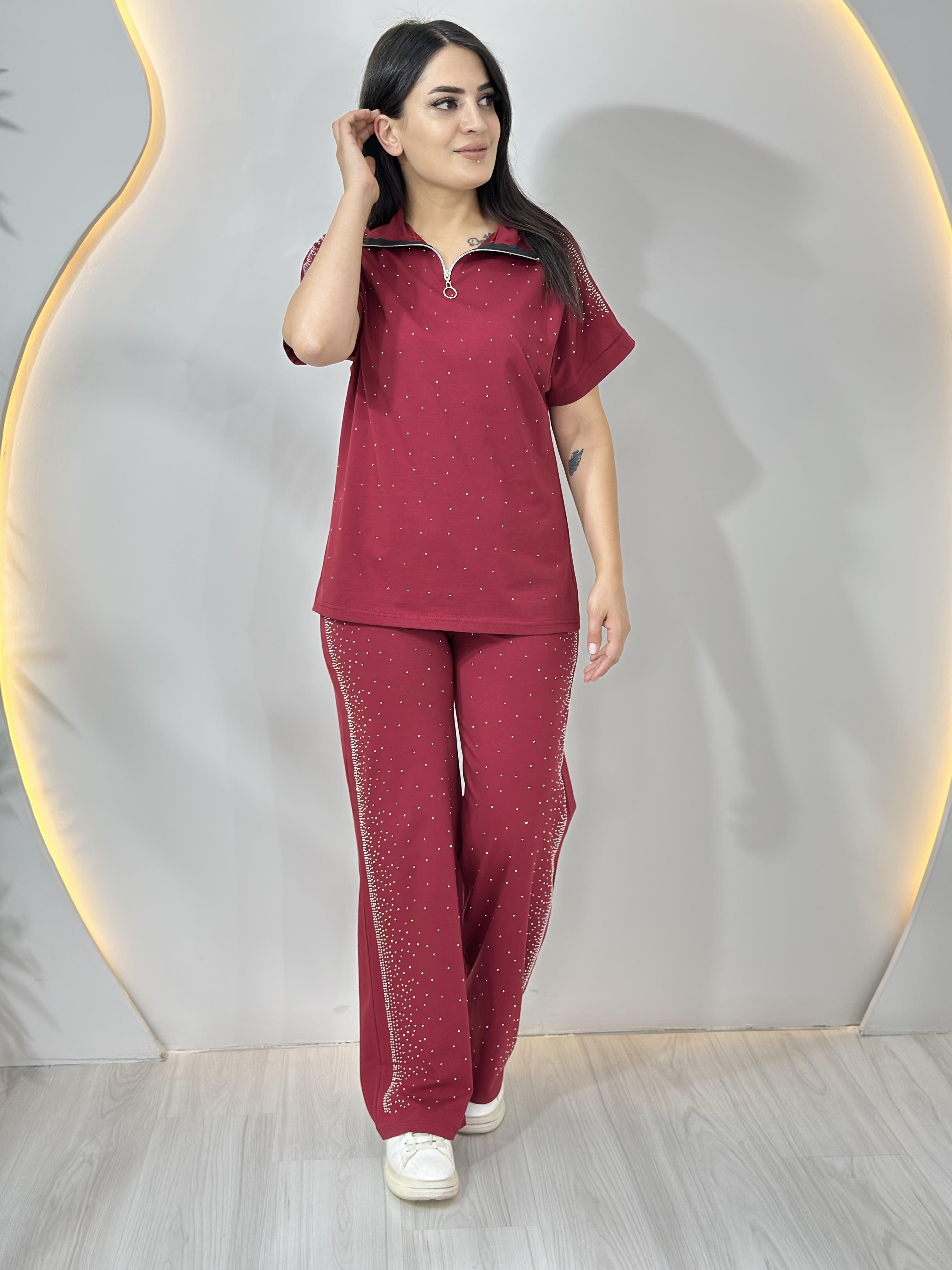 Diva Bordo Modal Taşlı Fermuarlı İkili Takım A002