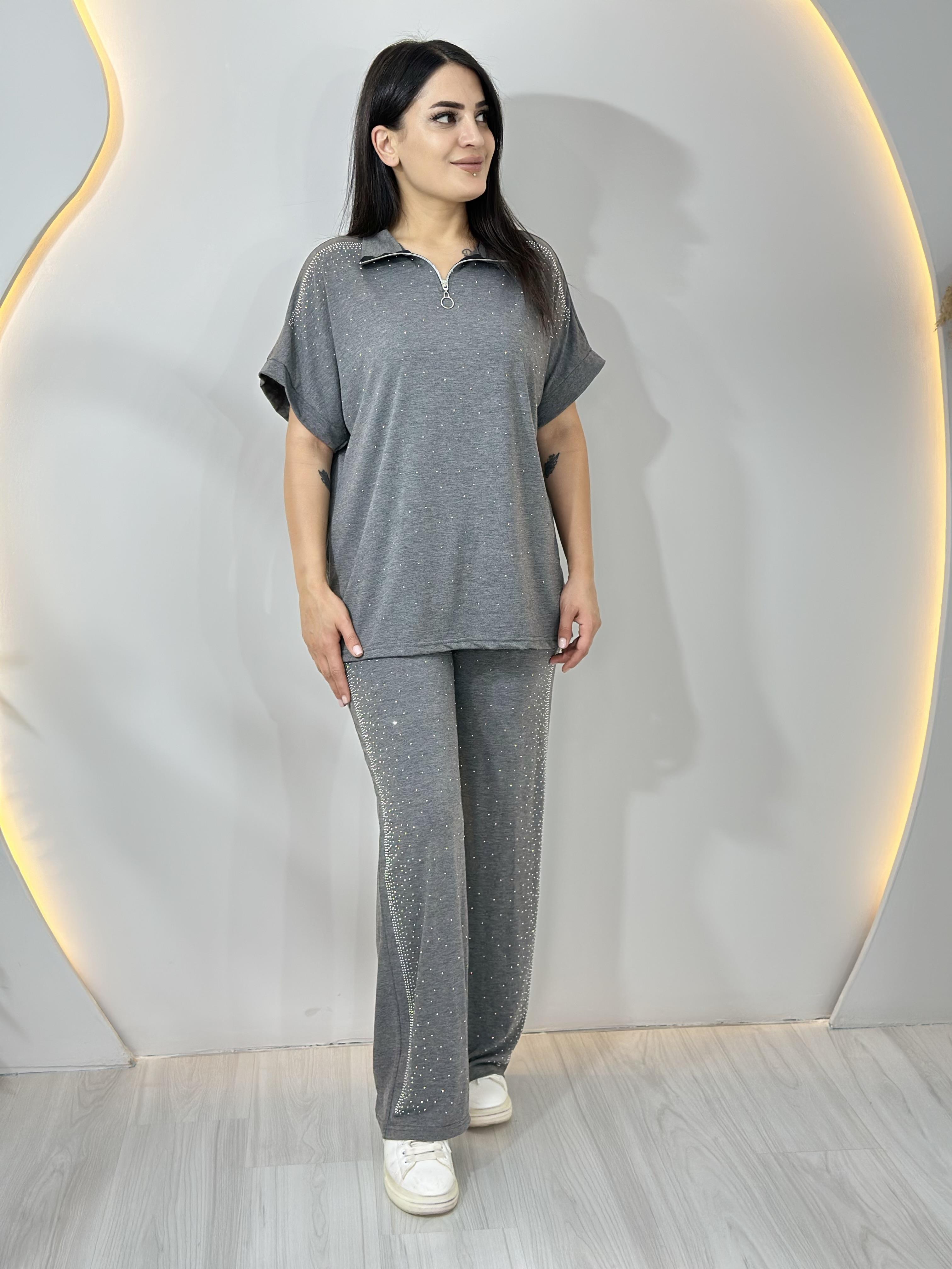 Diva Gri Modal Taşlı Fermuarlı İkili Takım A001
