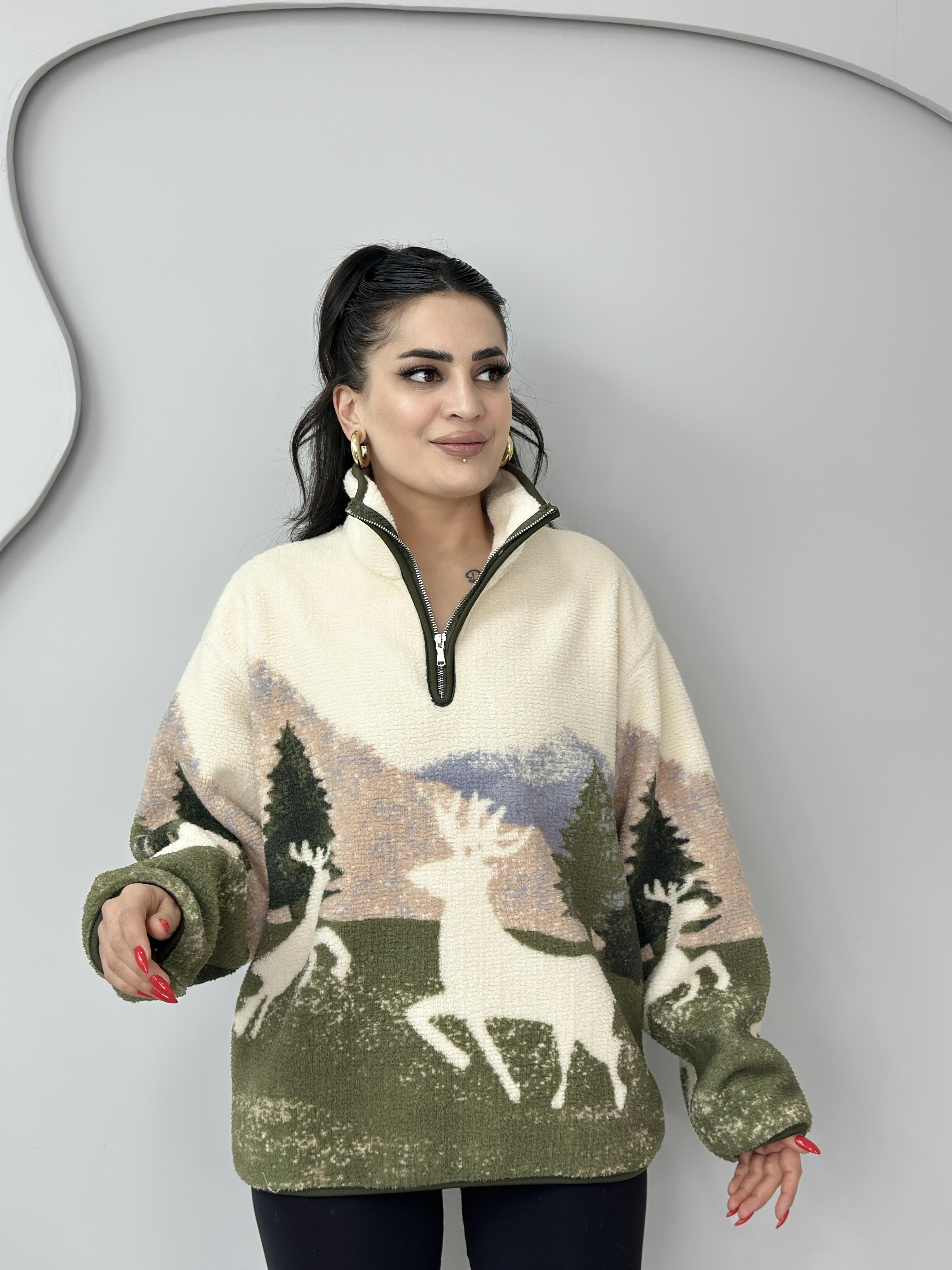 Diva Yeşil Ekru Yarım Fermuarlı Cepli Polar Sweatshirt B100