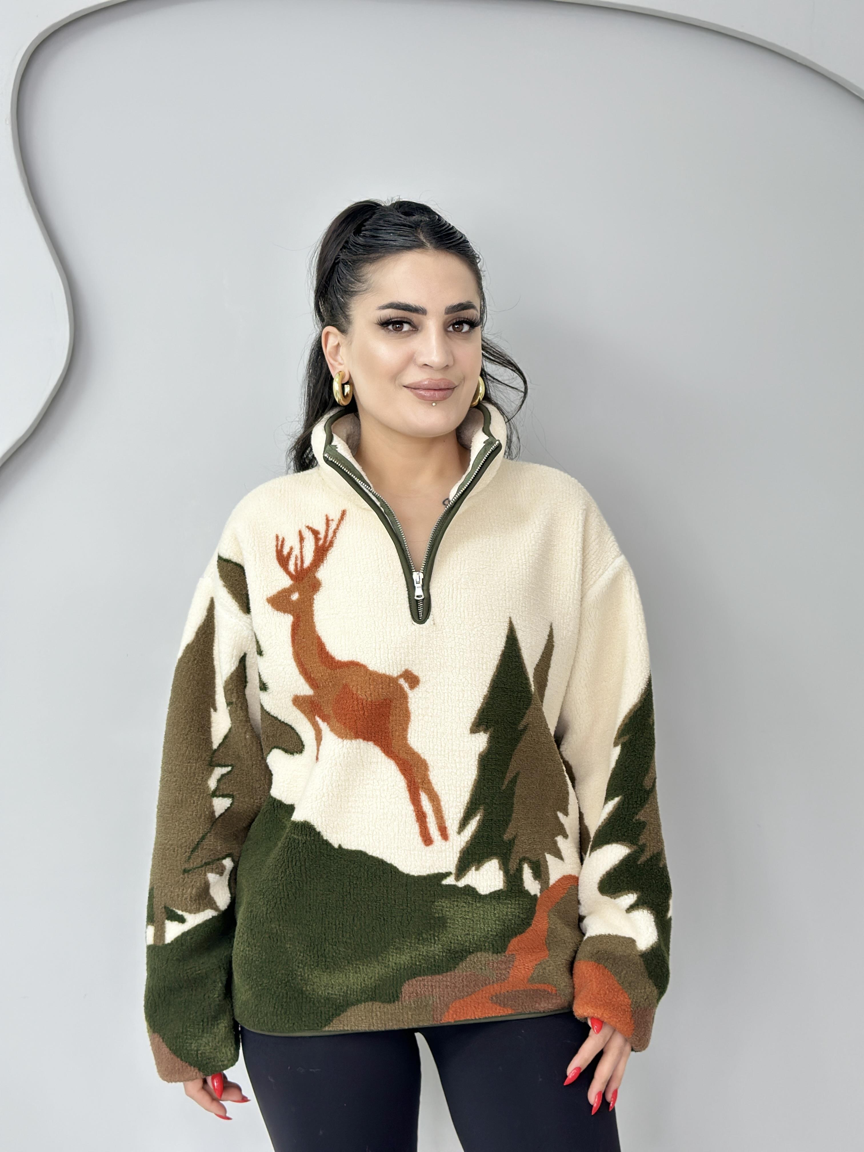 Diva Yeşil Yarım Fermuarlı Cepli Polar Sweatshirt B100