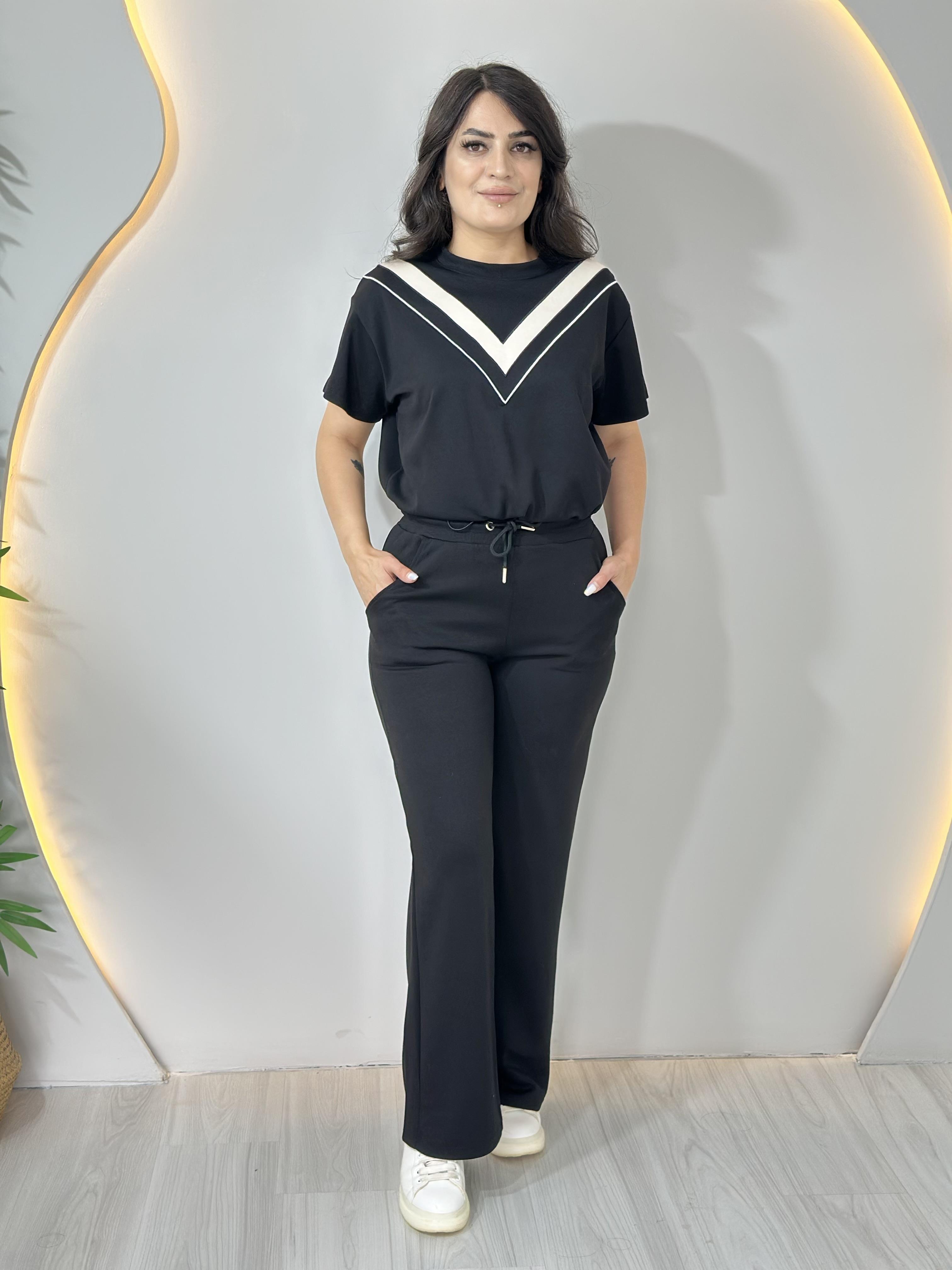 Dora Siyah Önü Şeritli Lastikli Modal Eşofman Takım A052