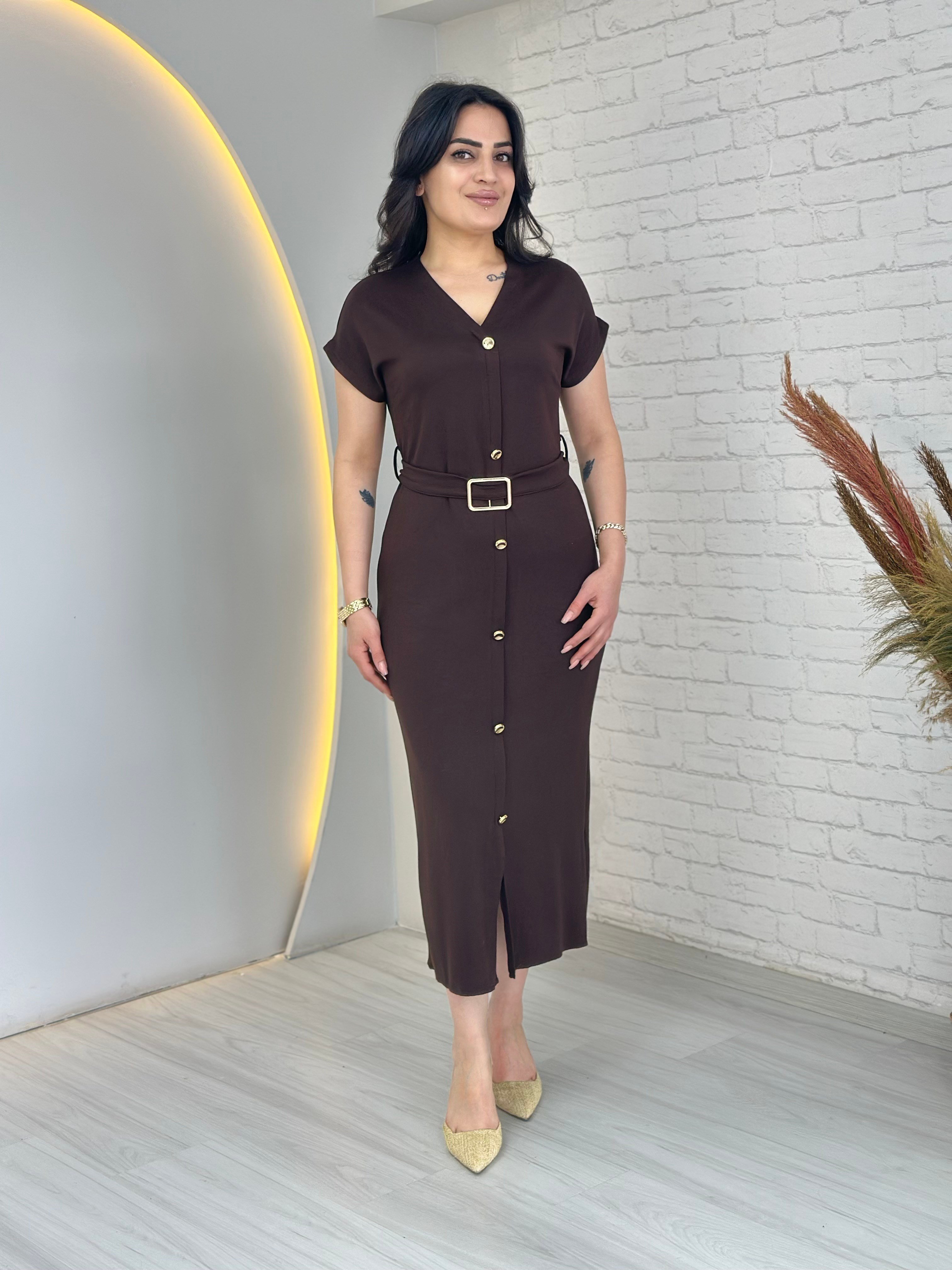 Dorne Acı Kahve V Yaka Gold Düğme Detaylı Kemerli Midi Boy Elbise D068