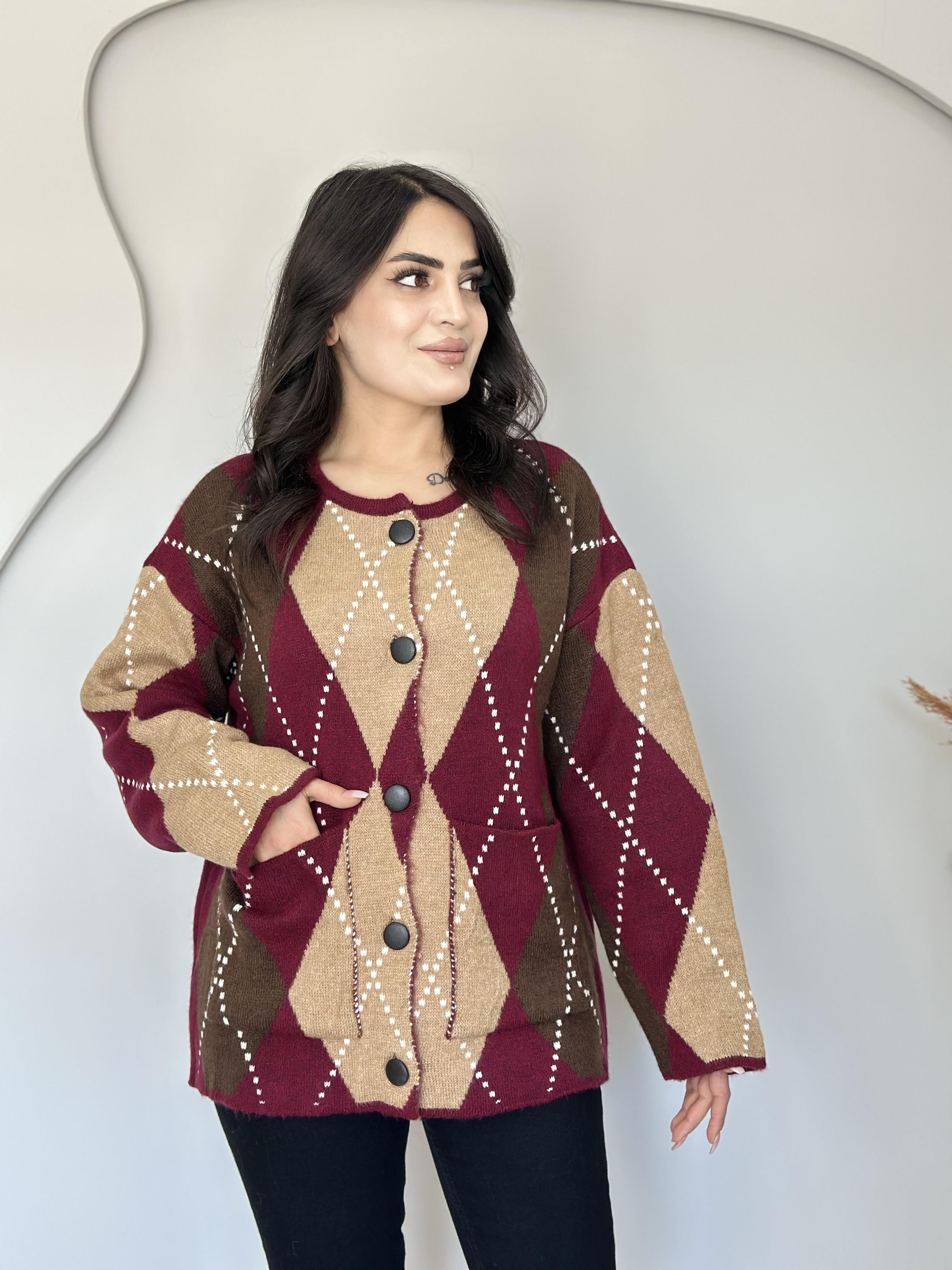 Dune Camel Düğmeli Cepli Oversize Baklava Desen Triko Hırka U5656