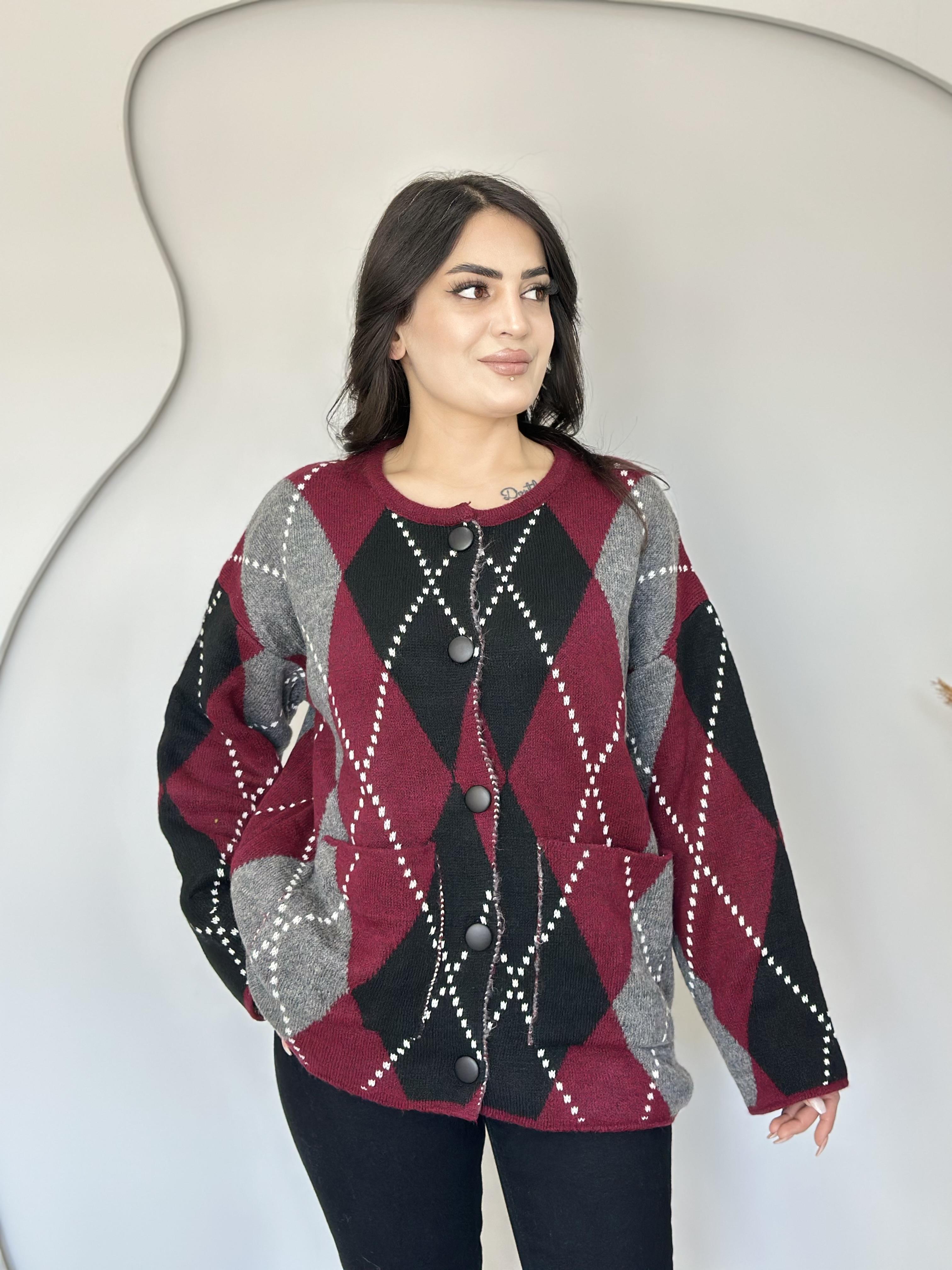 Dune Siyah Düğmeli Cepli Oversize Baklava Desen Triko Hırka U5656