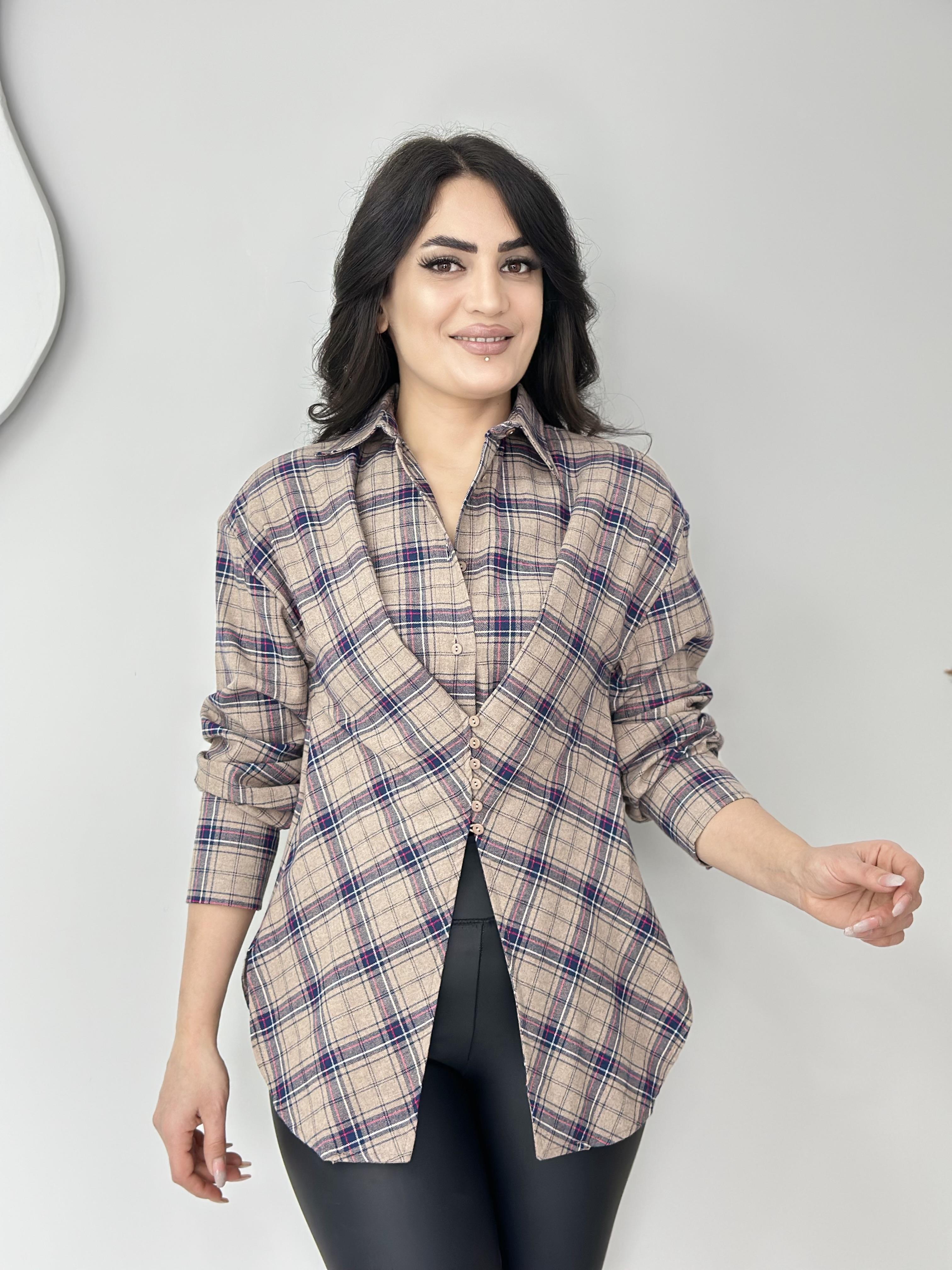 Echo Taş Pembe Omzu Vatkalı Düğmeli Ekose Desenli Tasarım Gömlek C9999