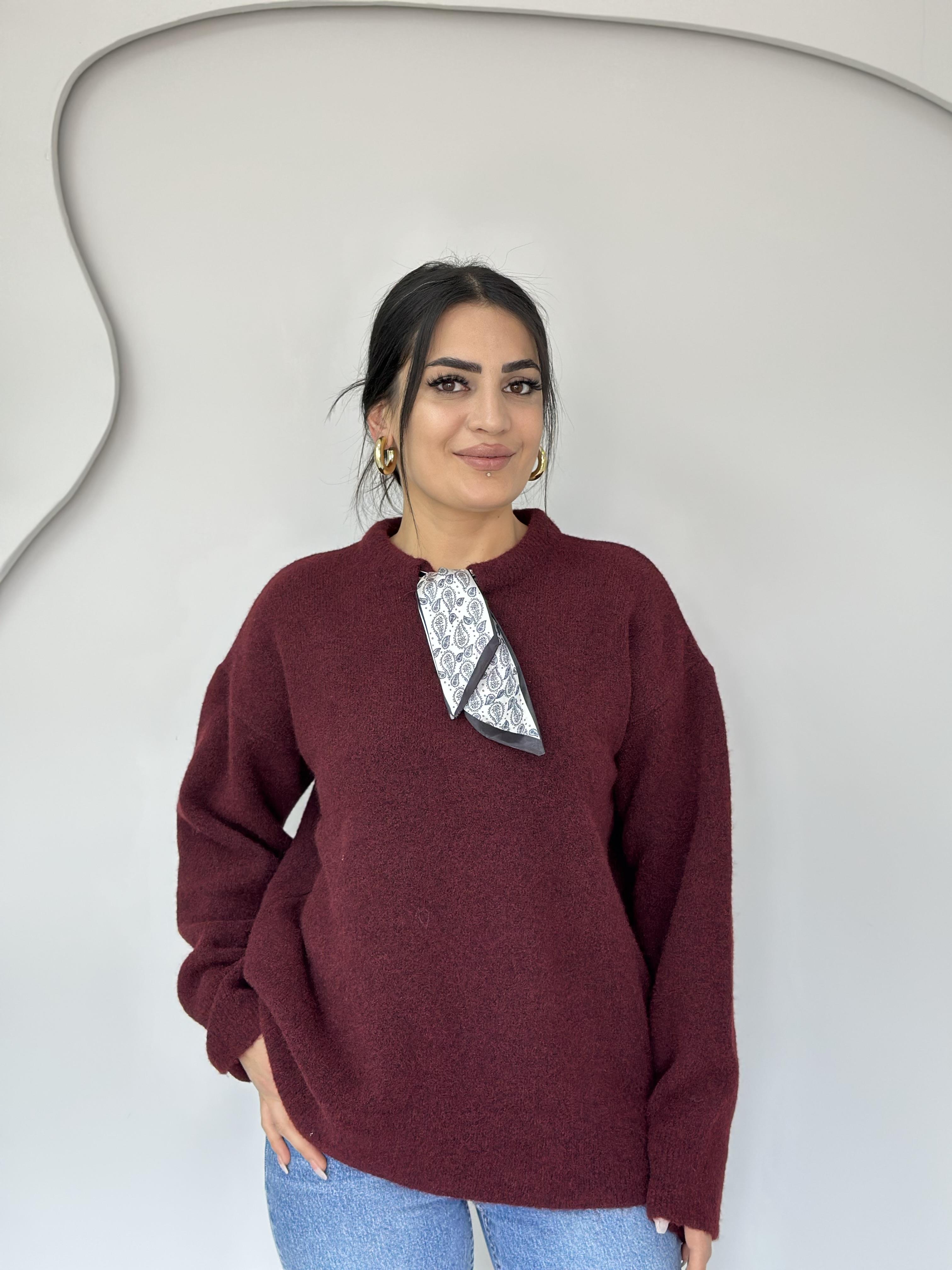 Edge Bordo Bisiklet Yaka Fular Aksesuarlı Triko Kazak C8889