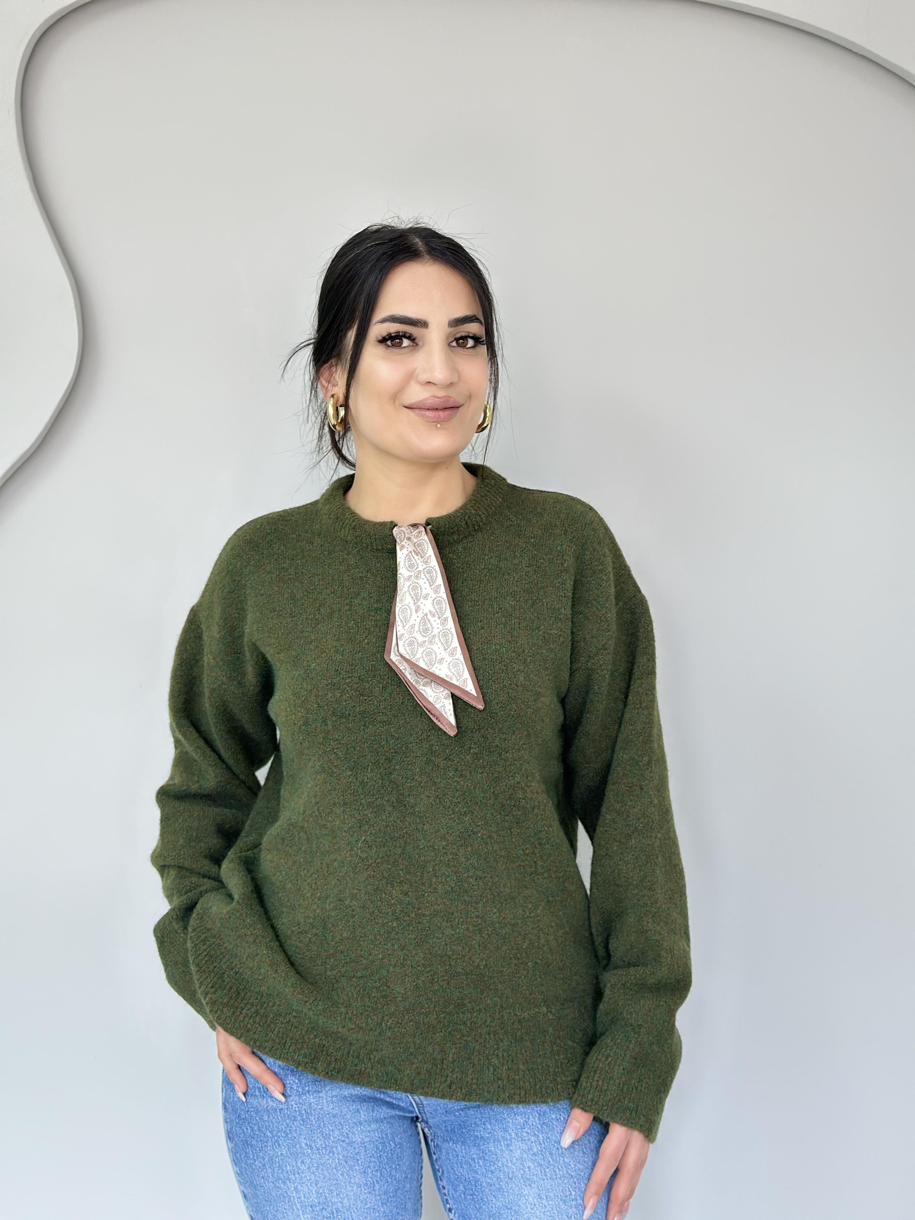 Edge Haki Bisiklet Yaka Fular Aksesuarlı Triko Kazak C8889