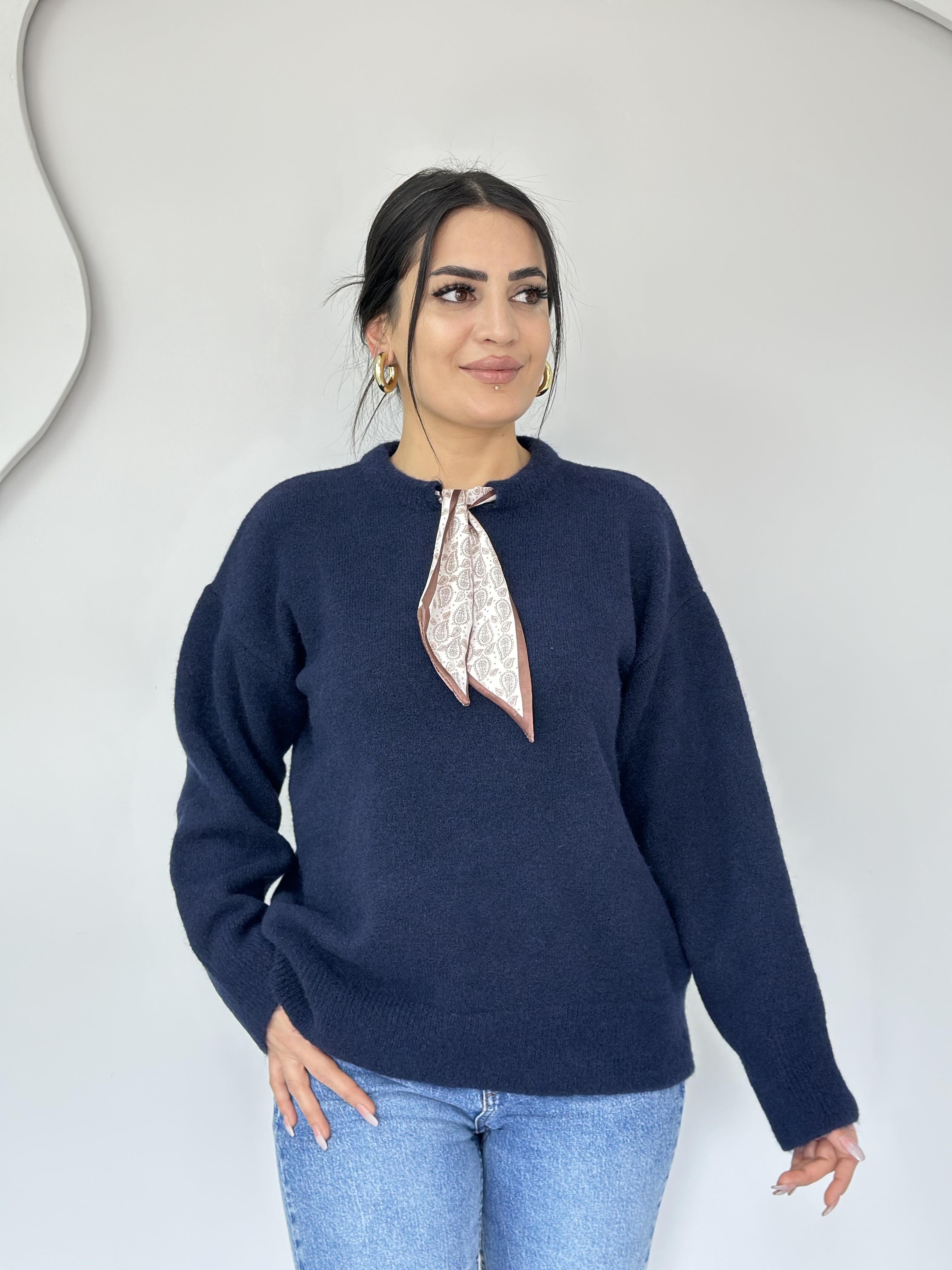 Edge Lacivert Bisiklet Yaka Fular Aksesuarlı Triko Kazak C8889