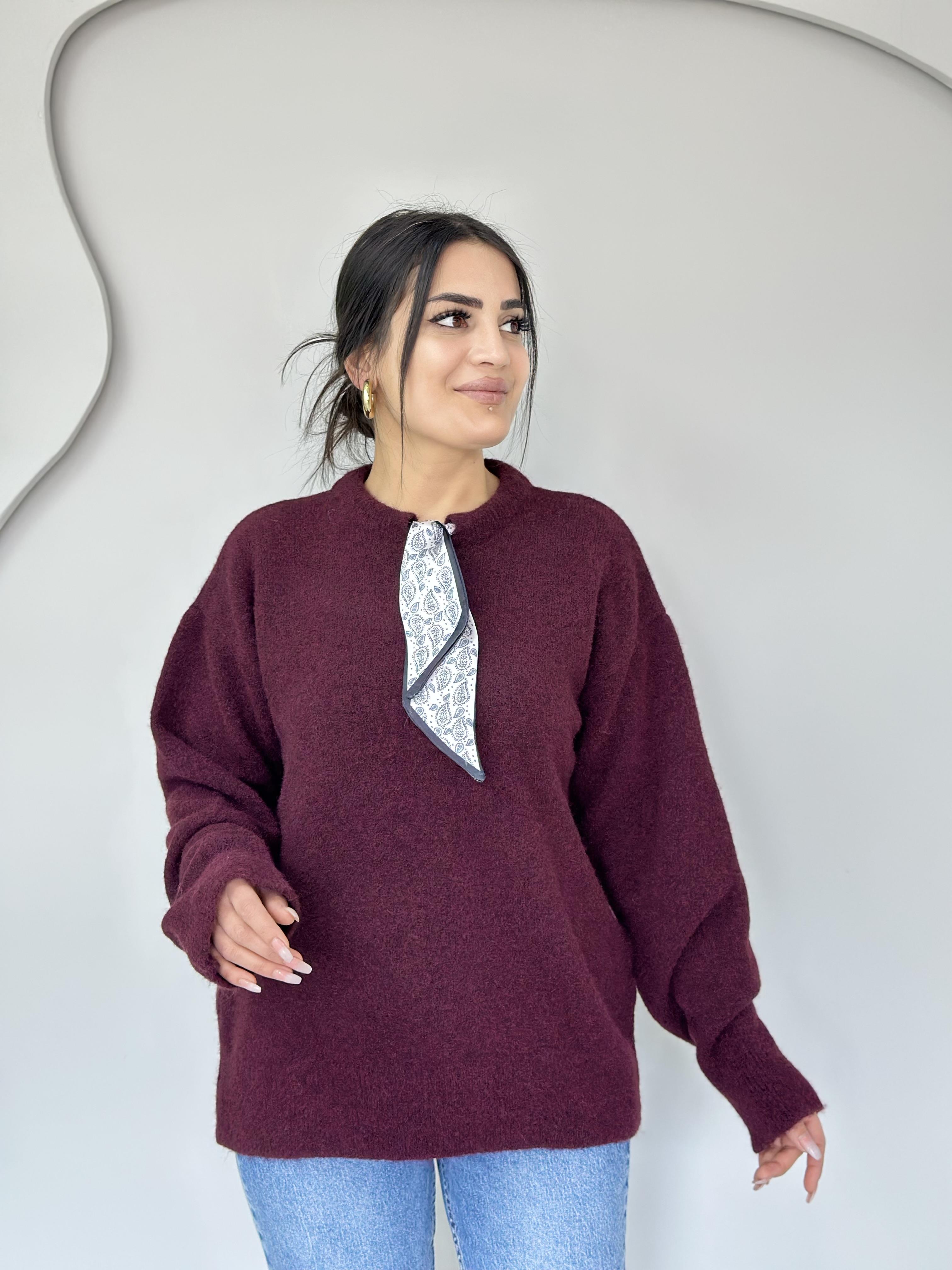 Edge Mürdüm Bisiklet Yaka Fular Aksesuarlı Triko Kazak C8889