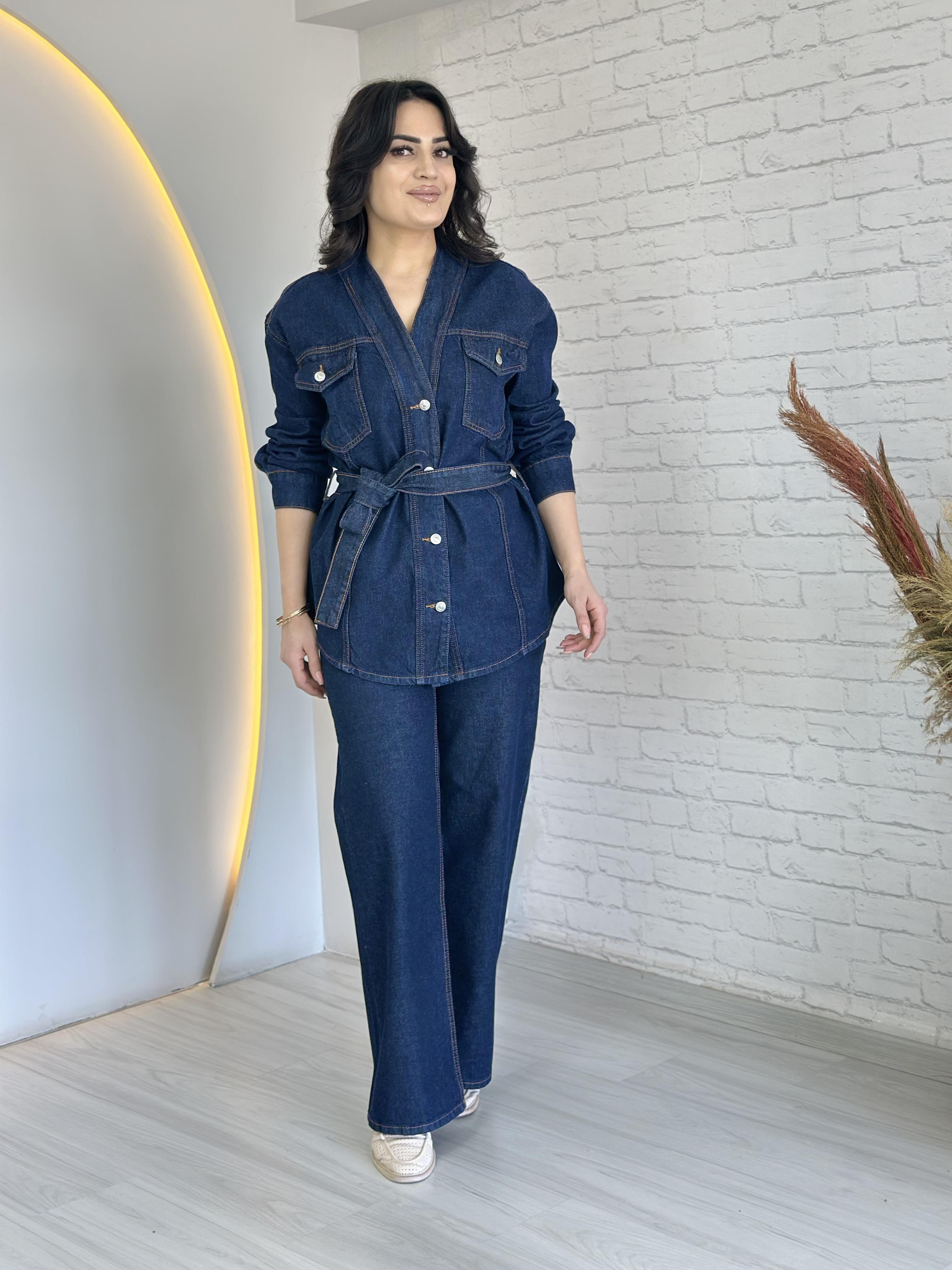 Ekim Koyu Mavi Beli Kuşaklı Jean Ceket Ve Palazzo Pantolon Takım D058