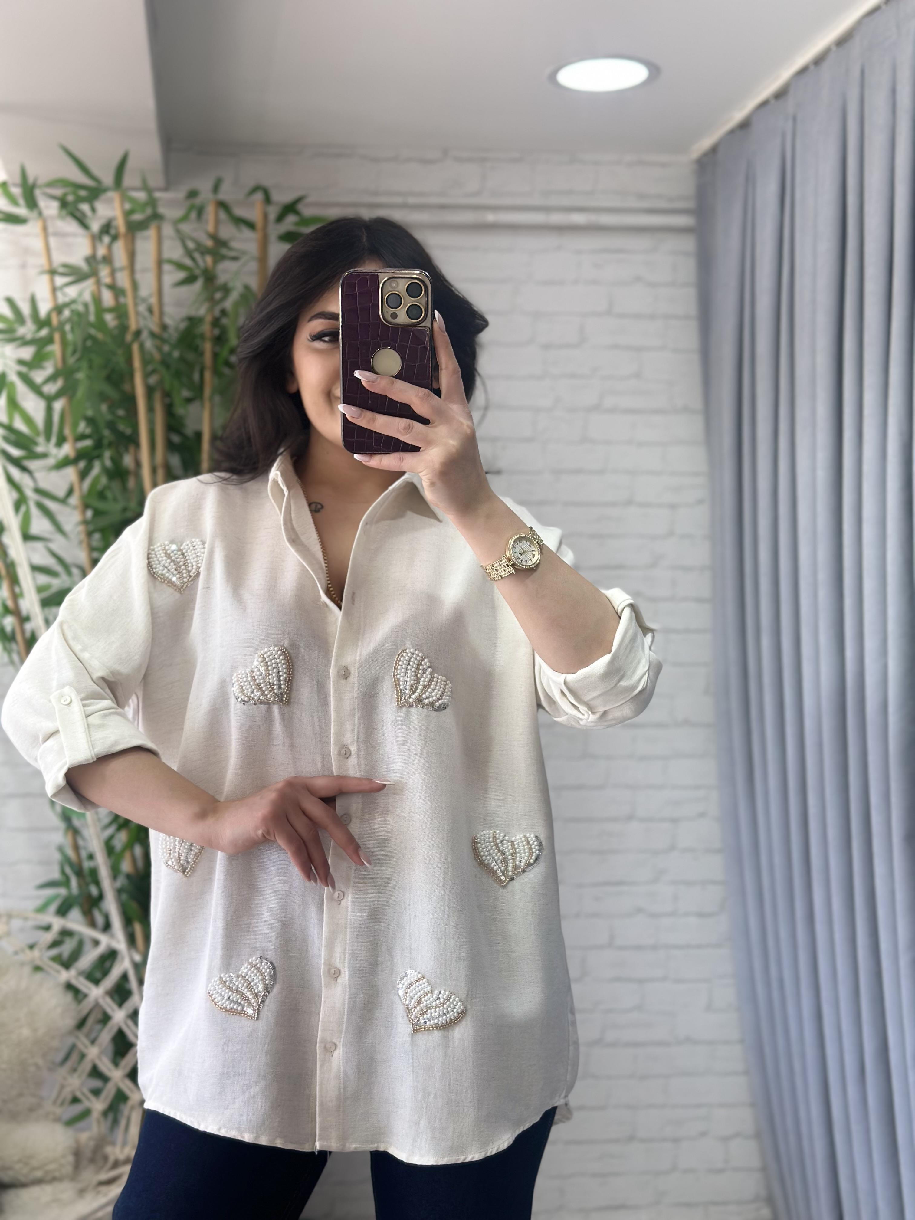 Ekru Kalp  Boncuk İşlemeli Oversize Gömlek