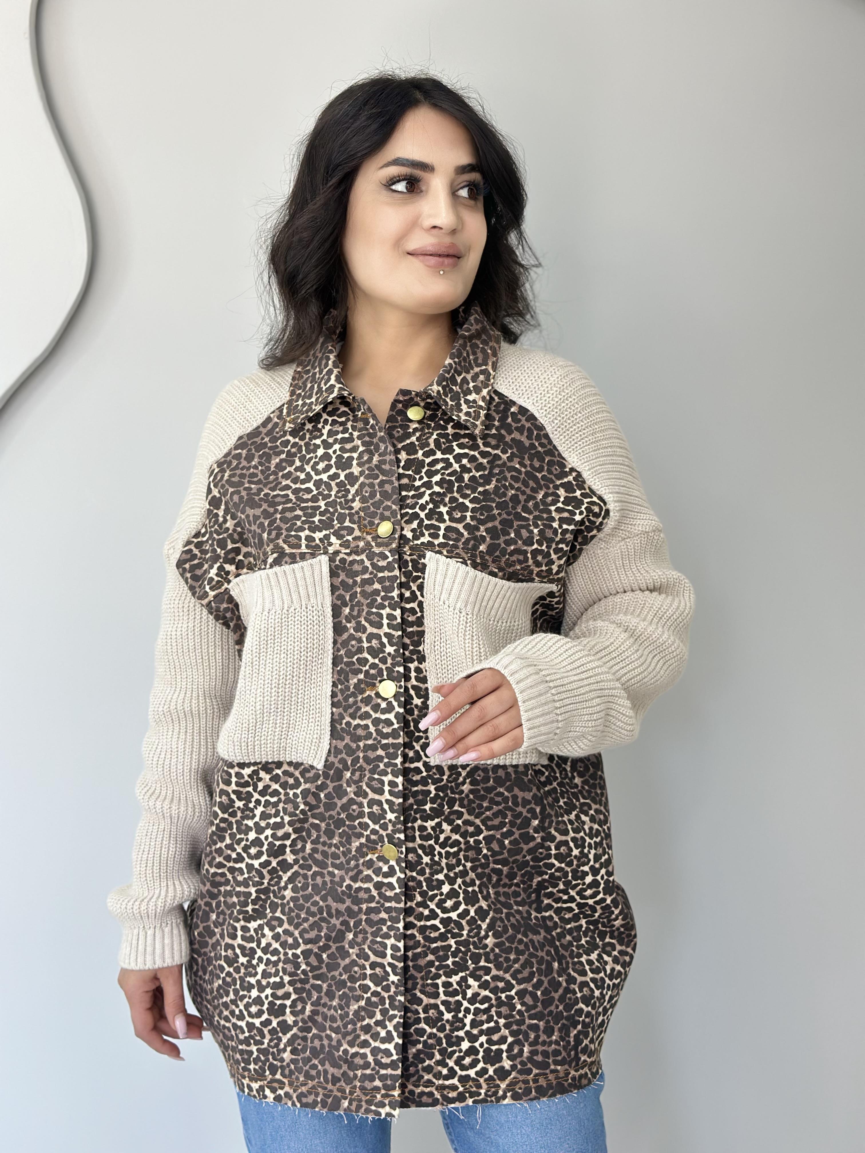 Ekru Leopar Desenli Gabardin Tasarım Elbise A027