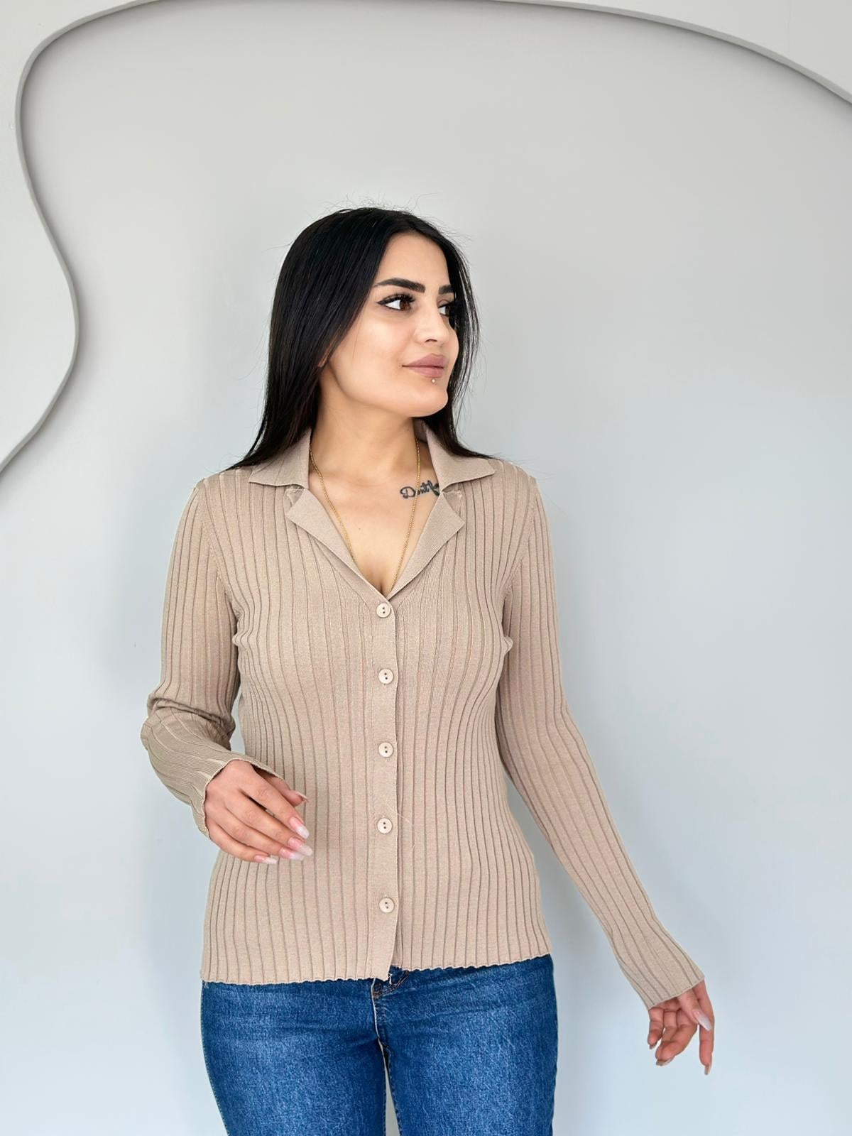 Elara Bej Polo Yaka Düğmeli Fitilli Triko Bluz C4141 