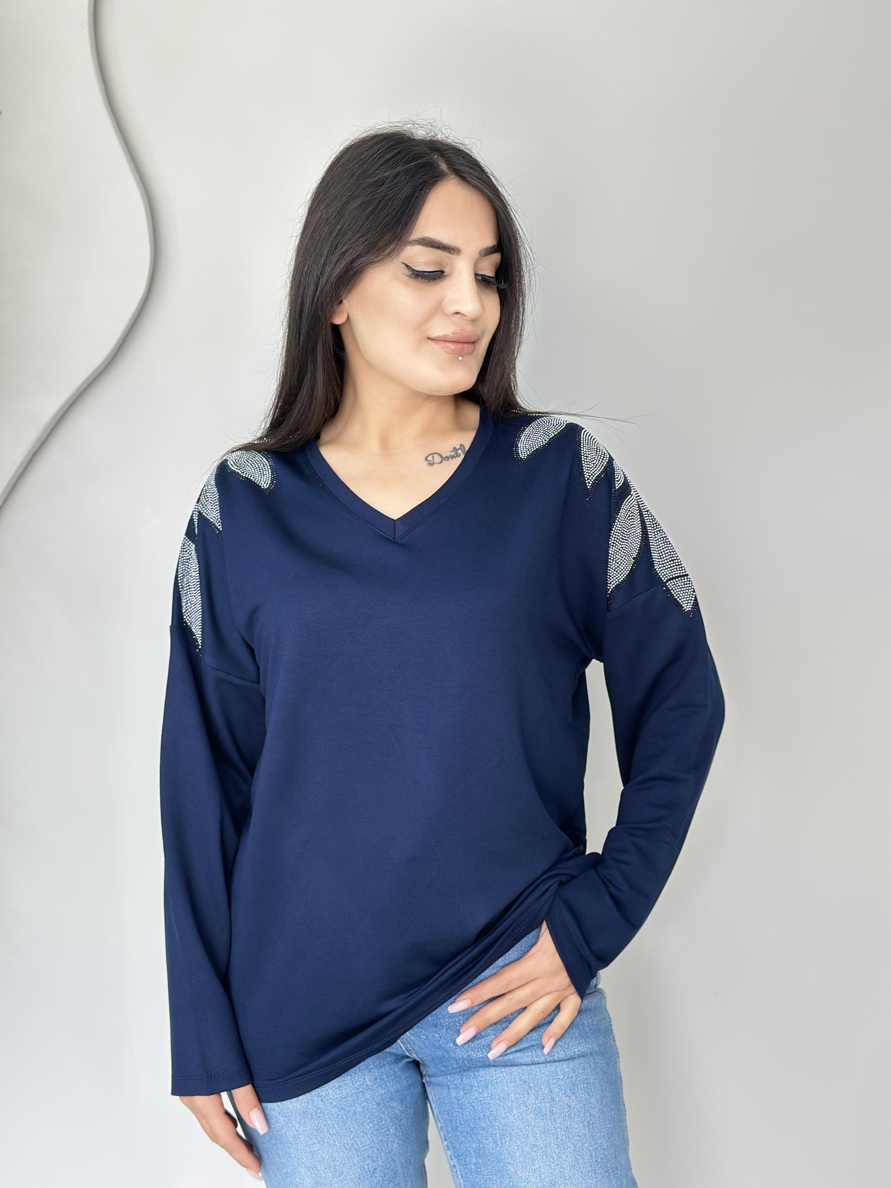 Elaxi Lacivert V Yaka Taşlı Viskon Bluz A602