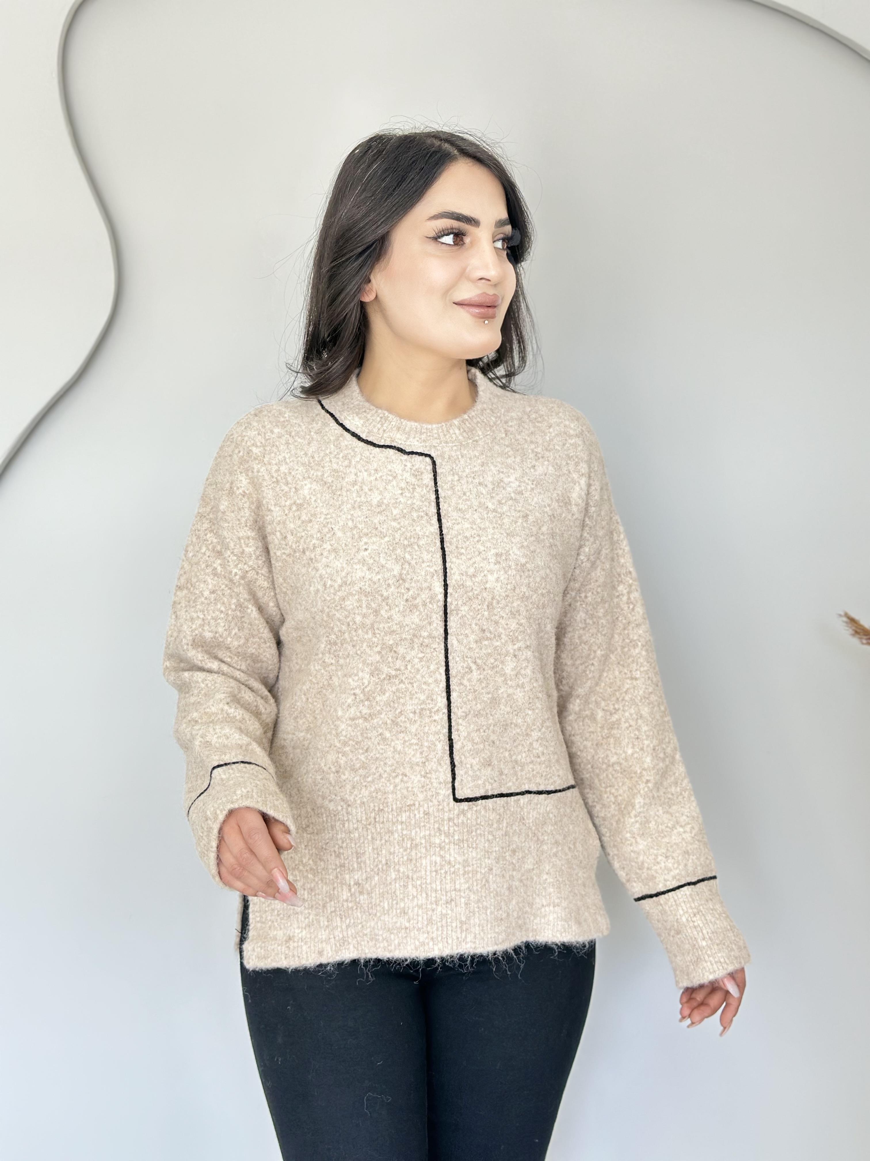 Elio Bej Bisiklet Yaka Şerit Çizgili Triko Kazak C9999