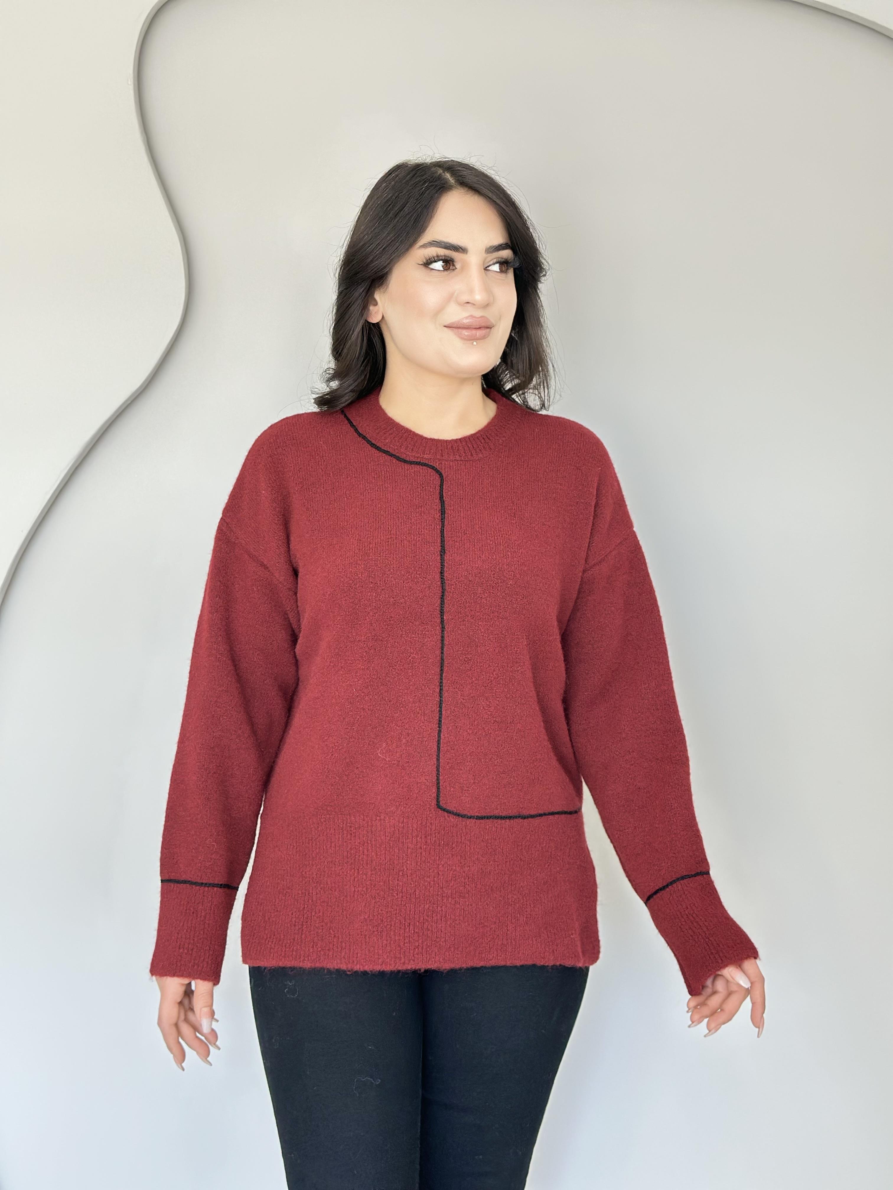 Elio Bordo Bisiklet Yaka Şerit Çizgili Triko Kazak C9999