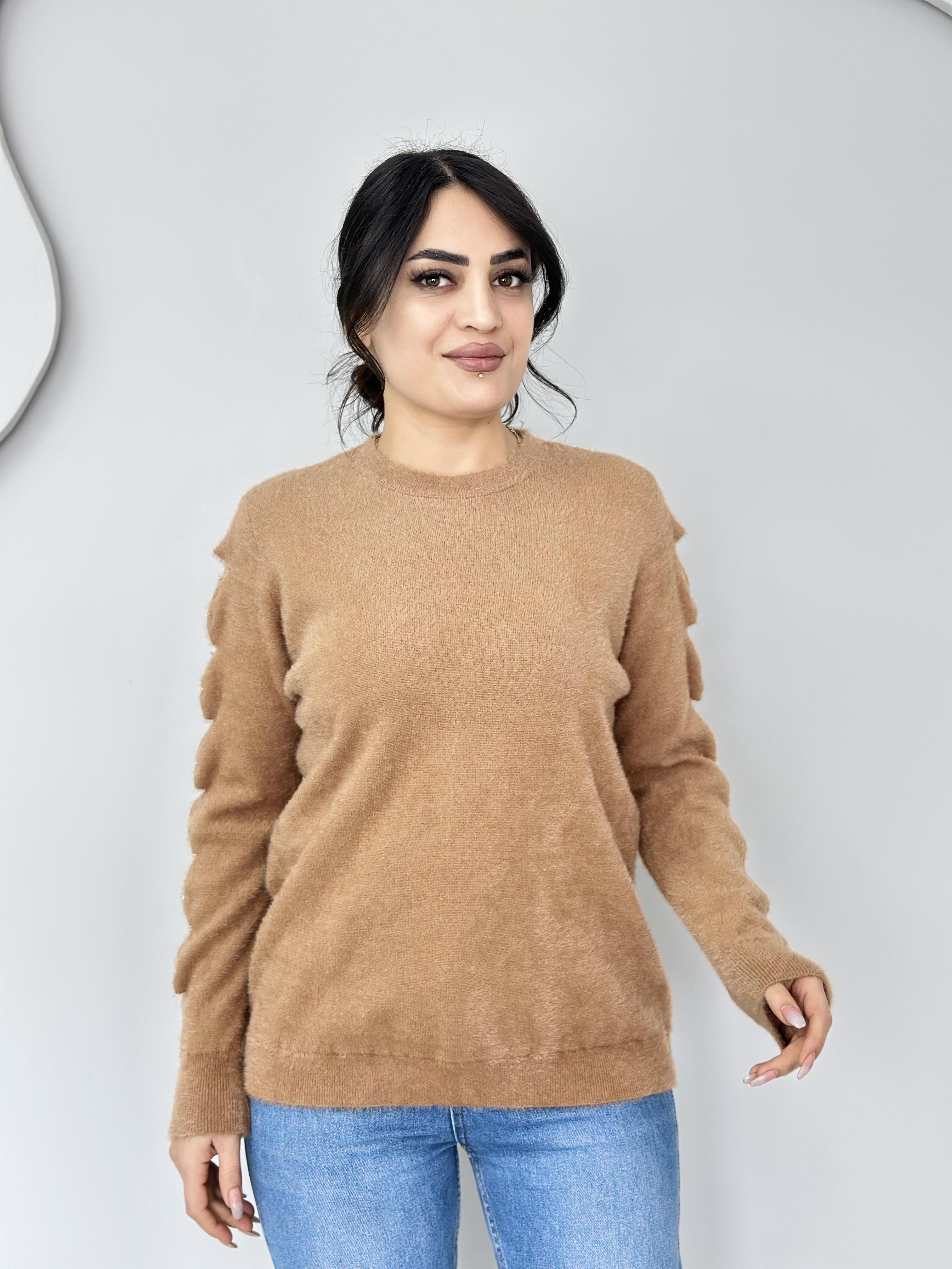 Elio Camel Bisiklet Yaka Yan Kol Taş Zımba Detaylı Angora Triko Kazak C5201